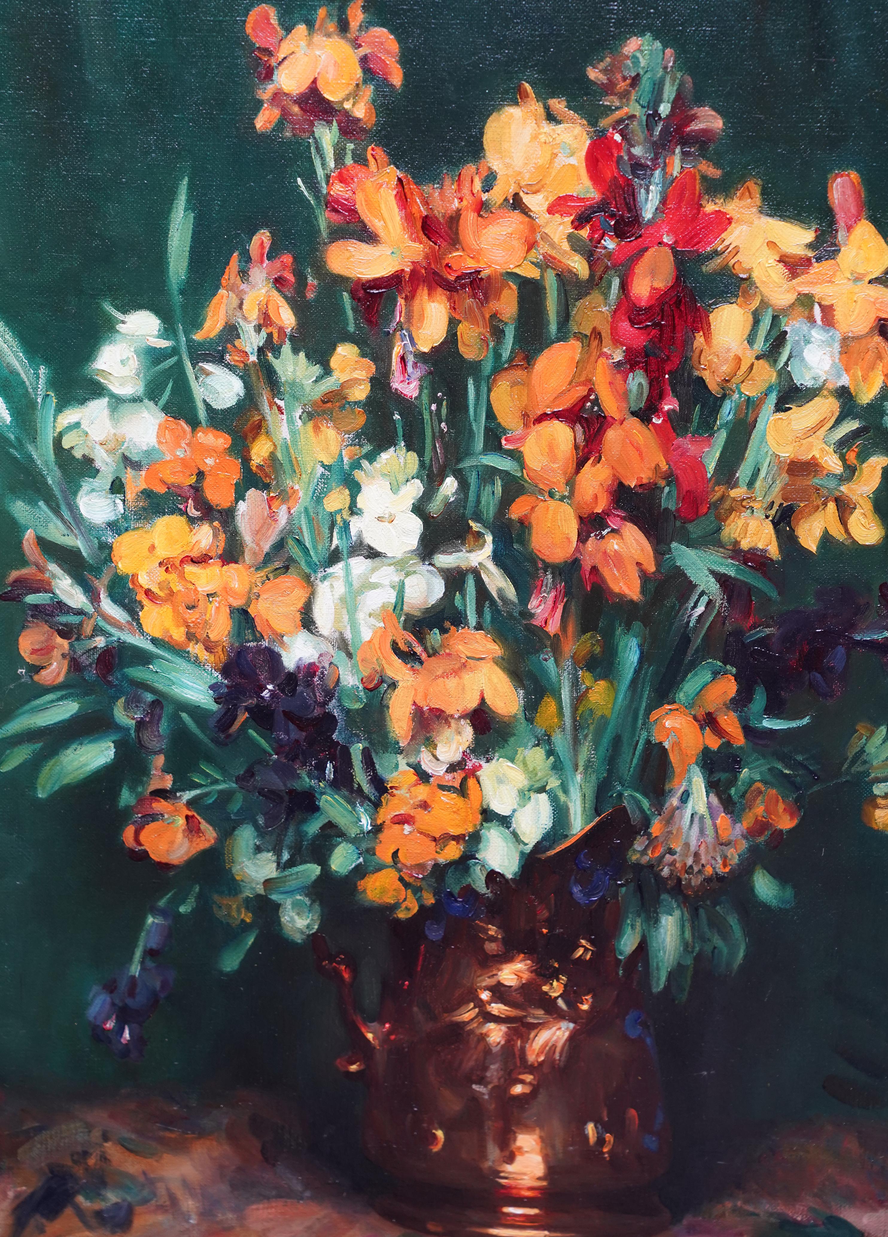 Stillleben mit Wandblumen – schottisches Blumen-Ölgemälde aus den 1920er Jahren (Art déco), Painting, von Andrew Law