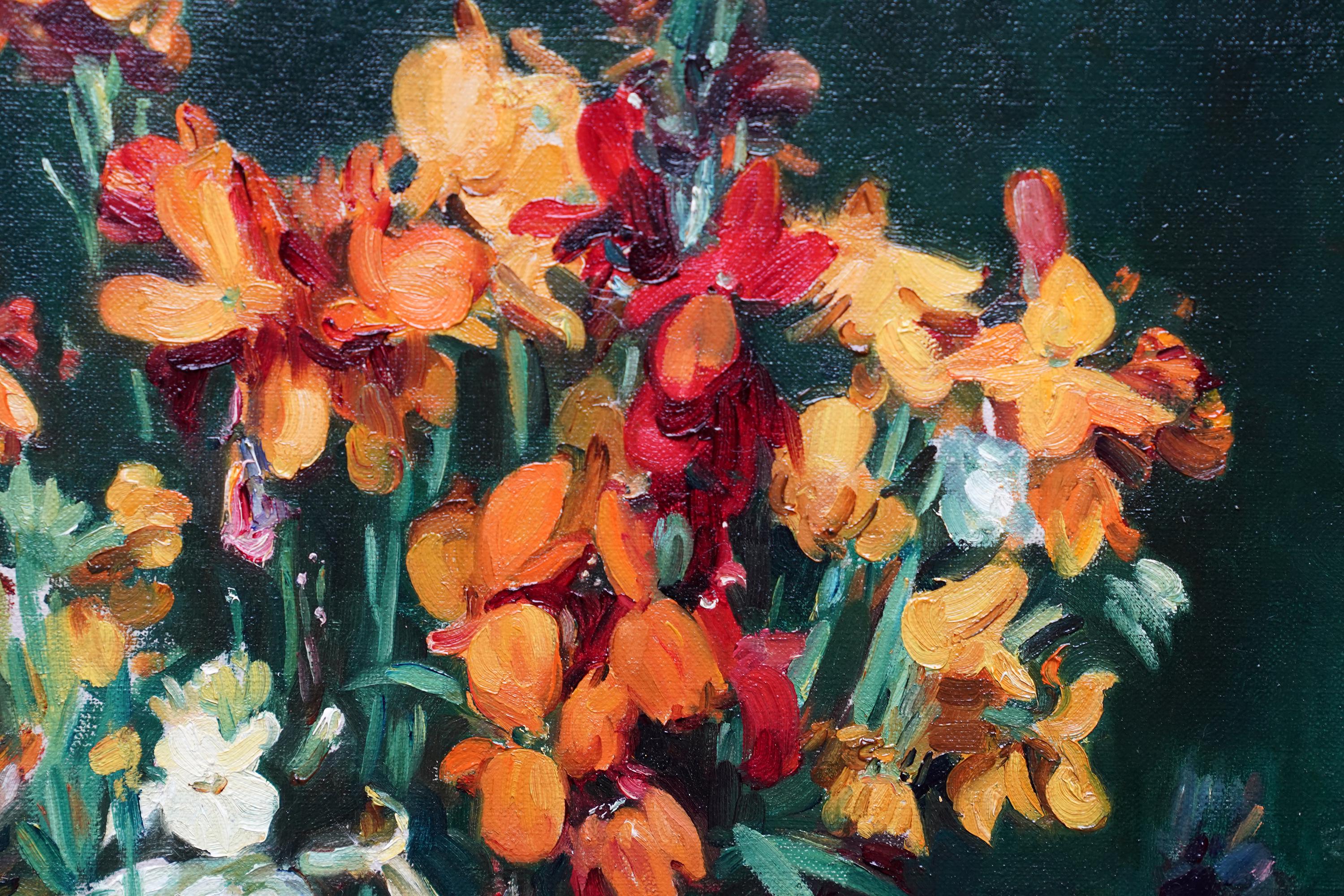 Still Life of Wallflowers - Scottish 1920's exh. floral art flower oil painting - Art Deco Painting by Andrew Law
