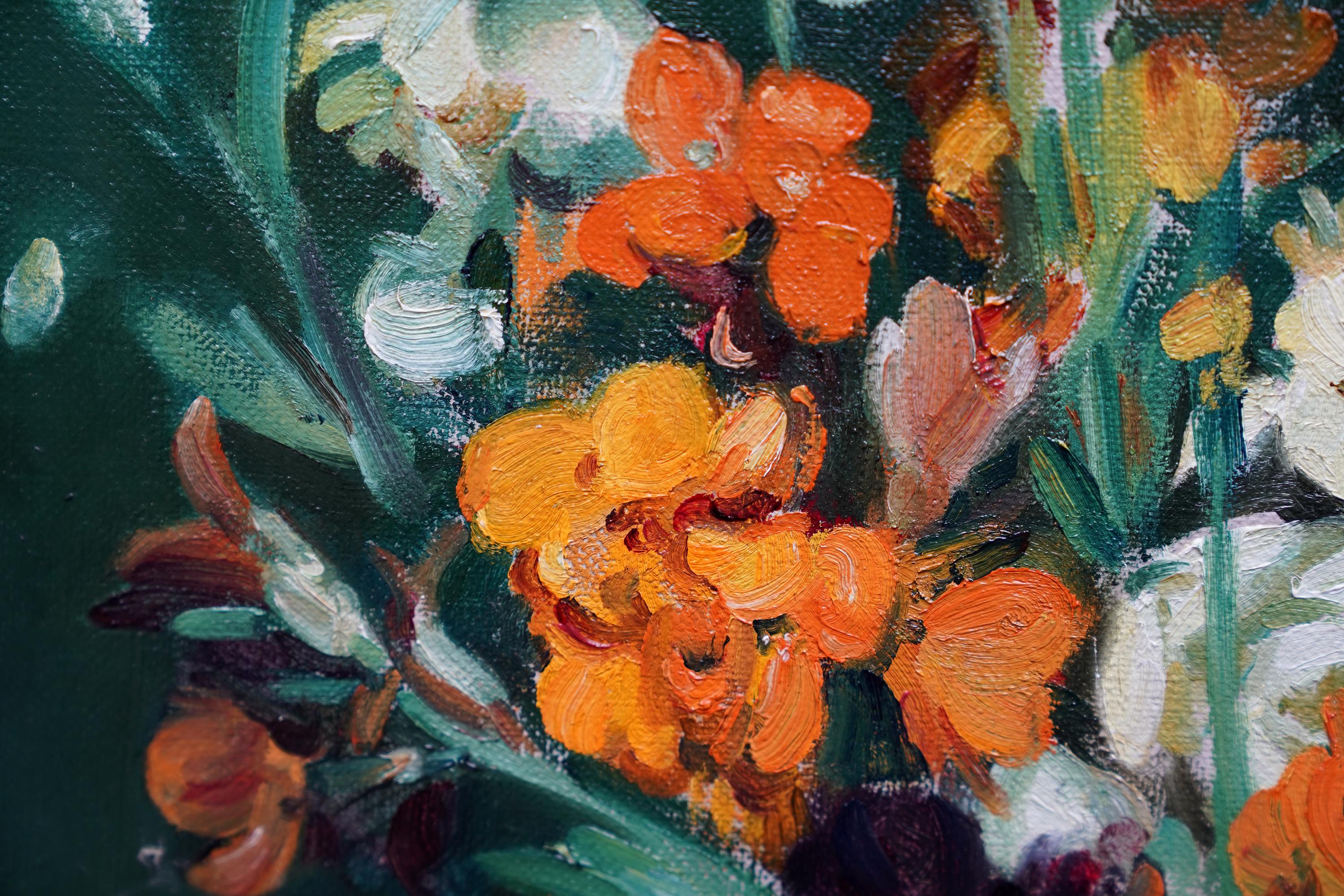 Stillleben mit Wandblumen – schottisches Blumen-Ölgemälde aus den 1920er Jahren im Angebot 5