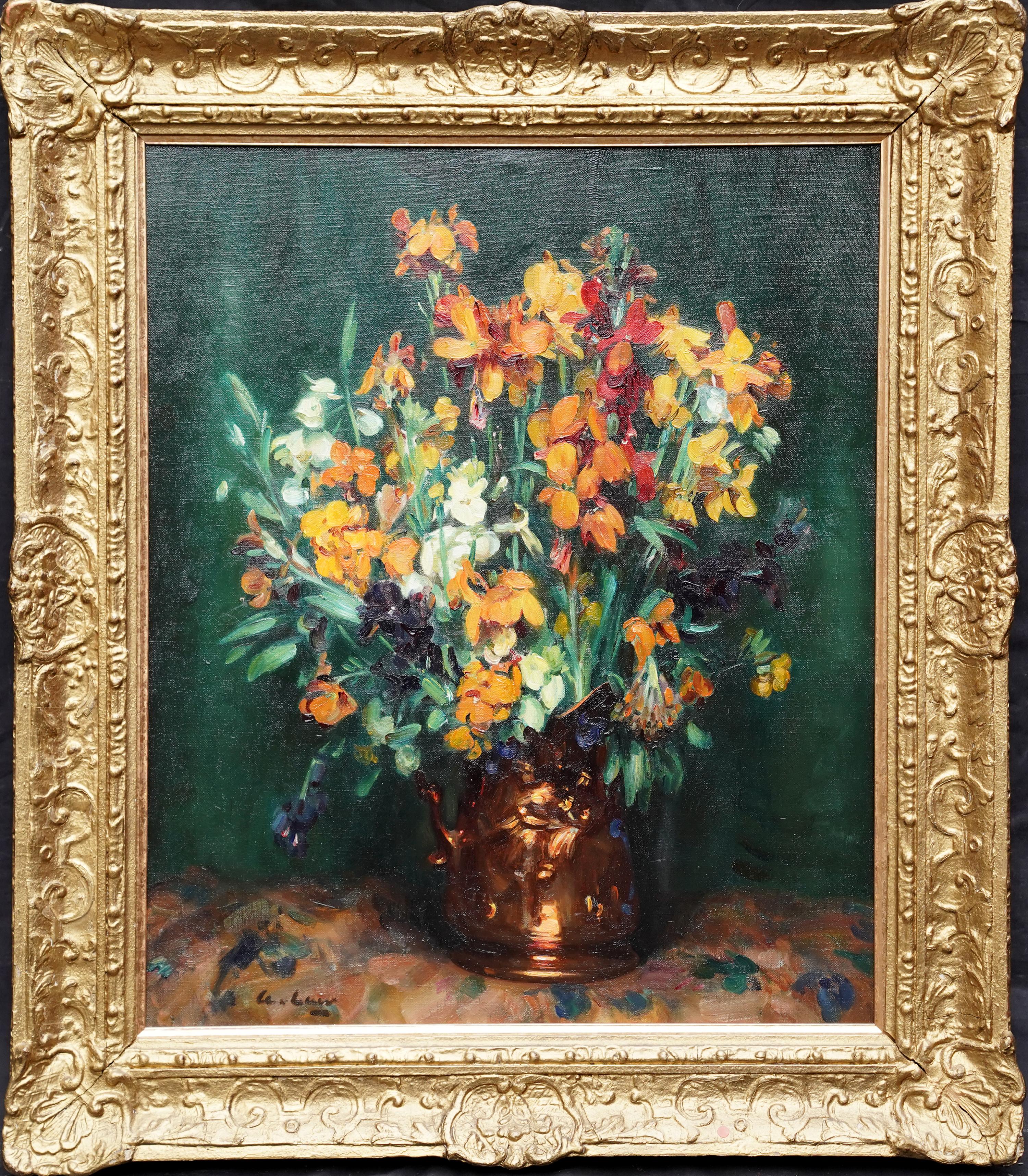 Andrew Law Still-Life Painting - Still Life of Wallflowers - Scottish 1920's exh. floral art flower oil painting