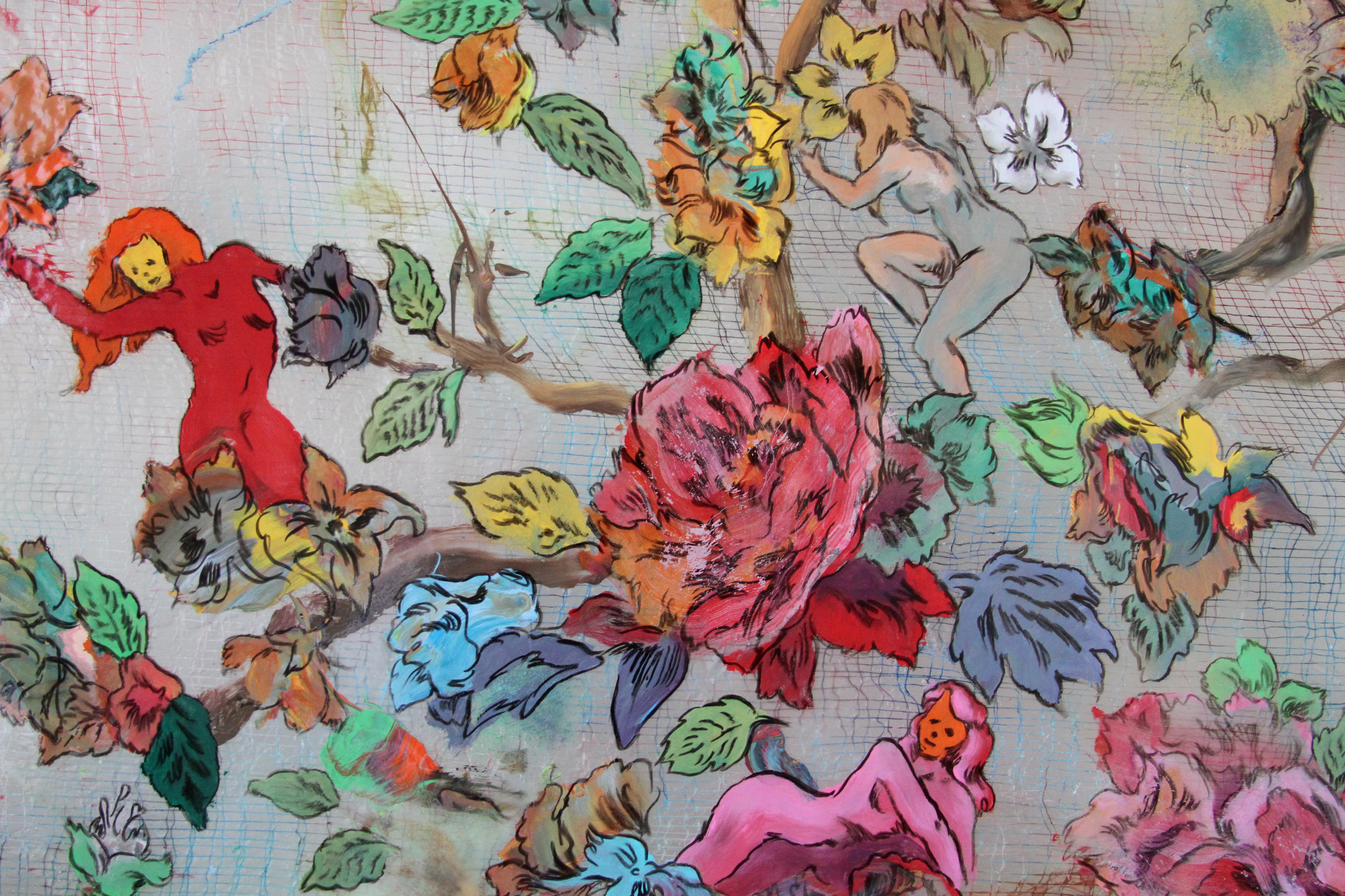 Hanging on the Vine - brightly colored floral design, ink on cheesecloth - Painting by Andrew LeMay Cox