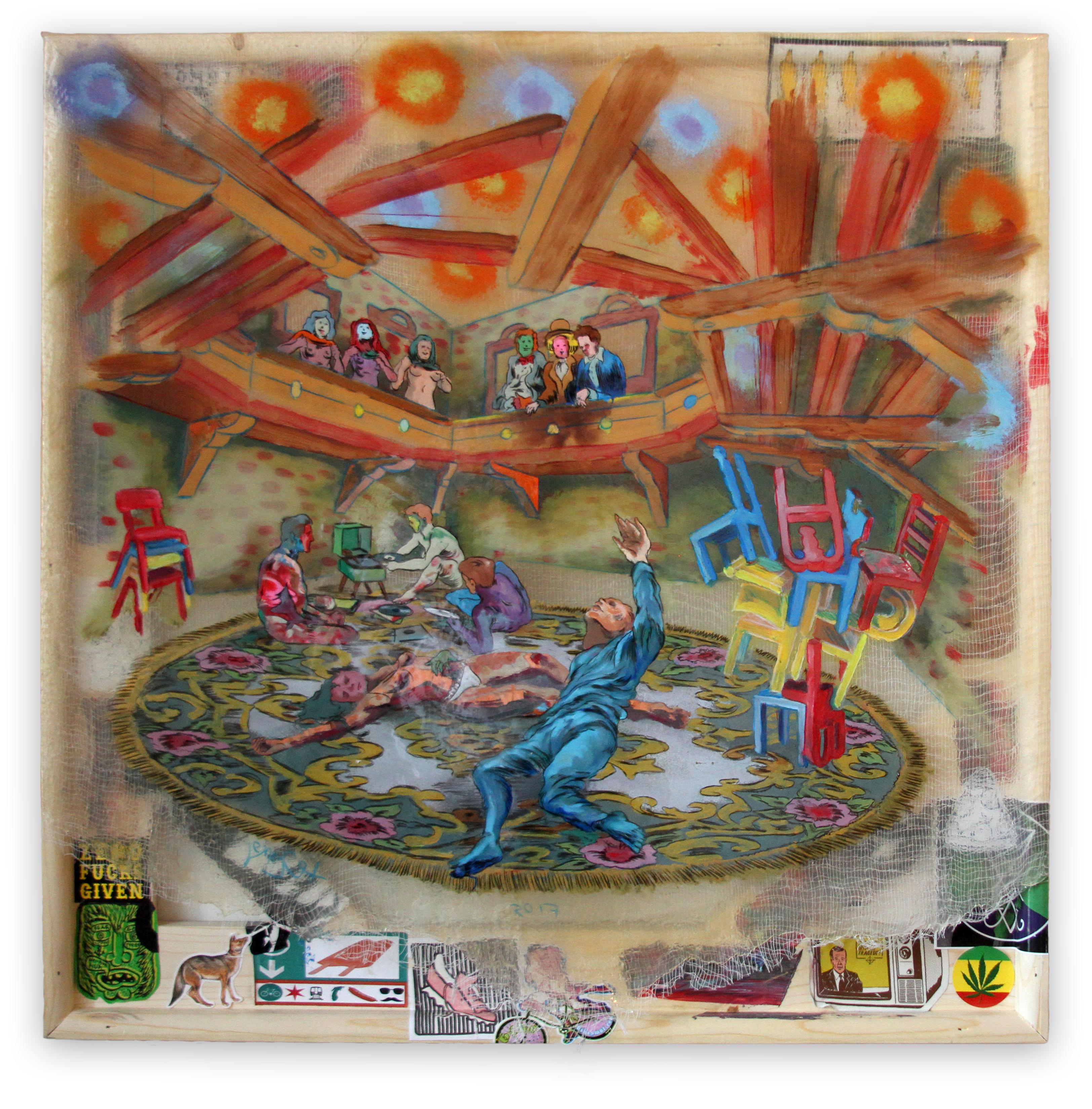 Andrew LeMay Cox Figurative Painting - Musical Chairs - brightly colored animated scene, ink on canvas