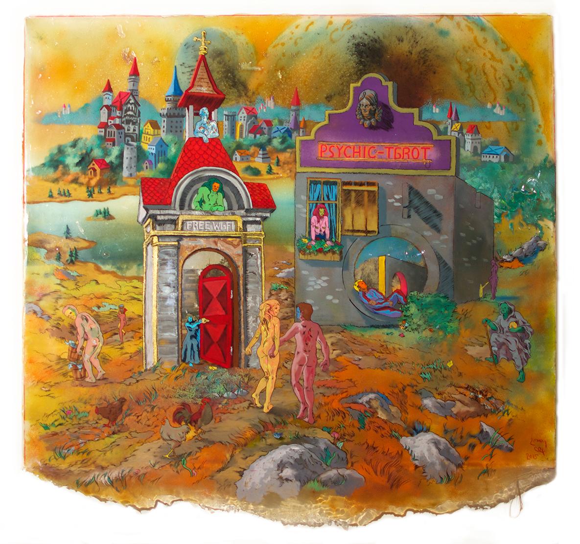 Andrew LeMay Cox Figurative Painting - Psychic-Tarot, brightly colored scene, ink on canvas with photographs