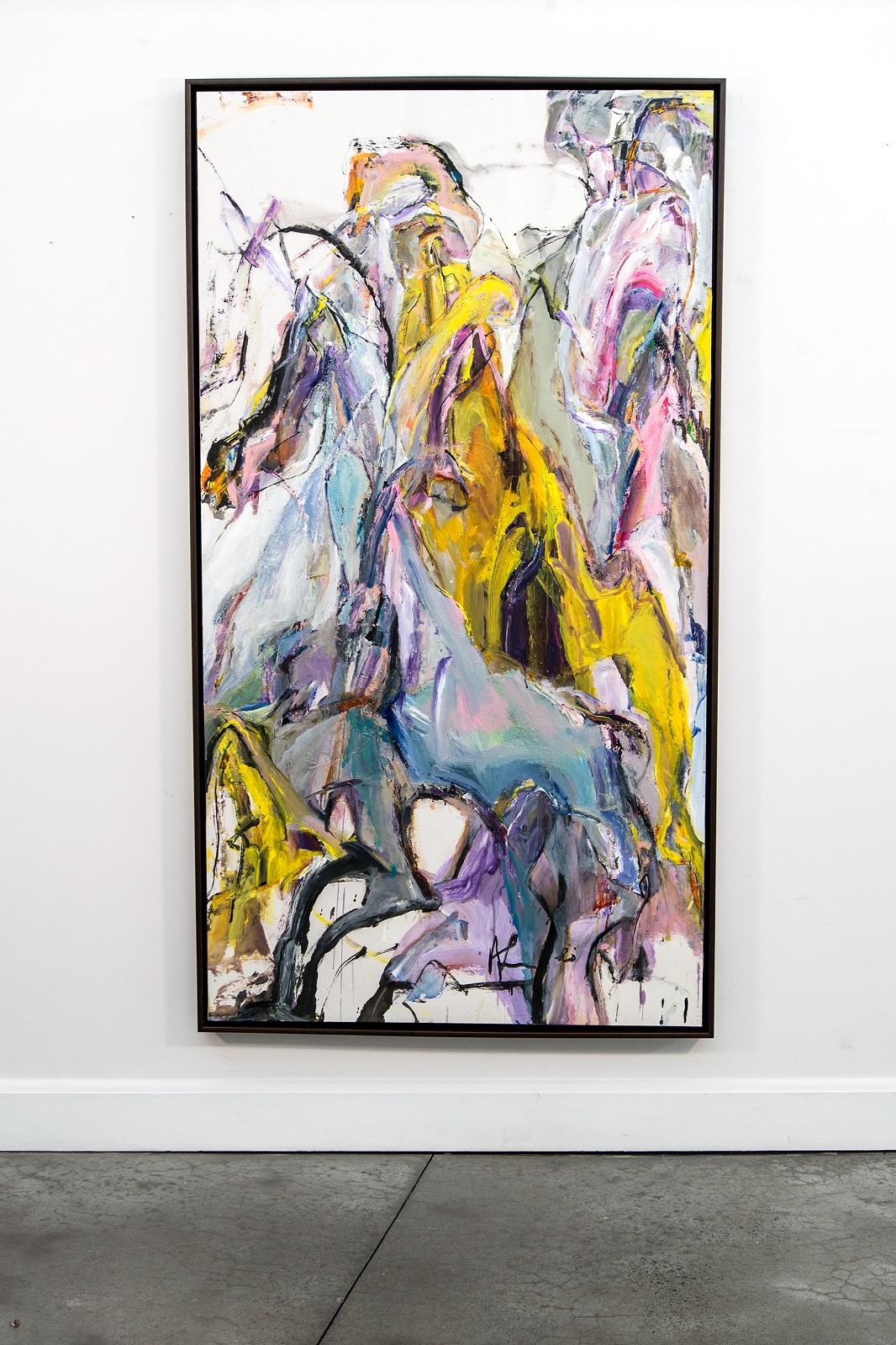 Anthem - yellow, blue, pink, gestural, abstract, acrylic, ink, horses - Painting by Andrew Lui