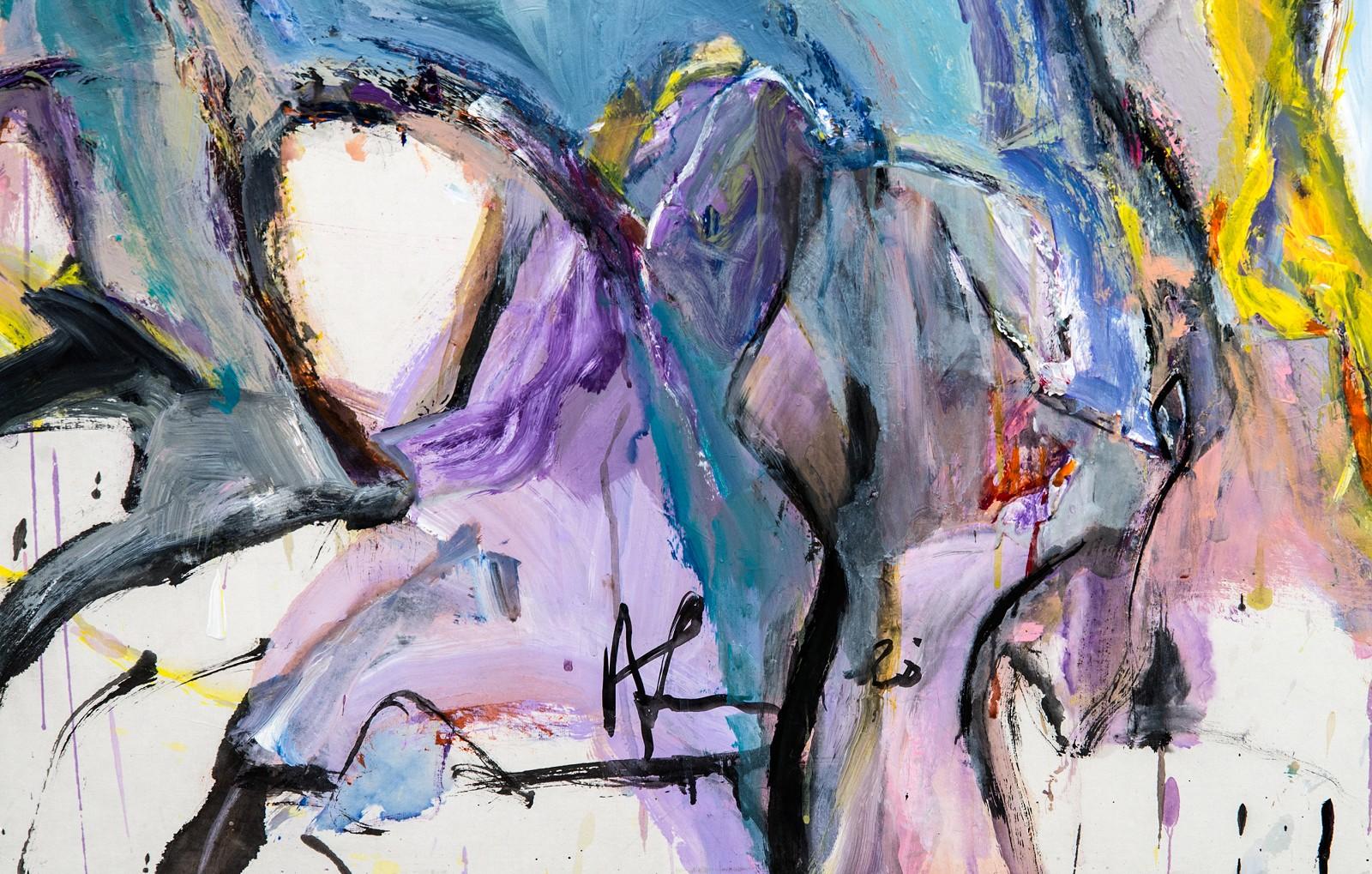 Anthem - yellow, blue, pink, gestural, abstract, acrylic, ink, horses - Contemporary Painting by Andrew Lui