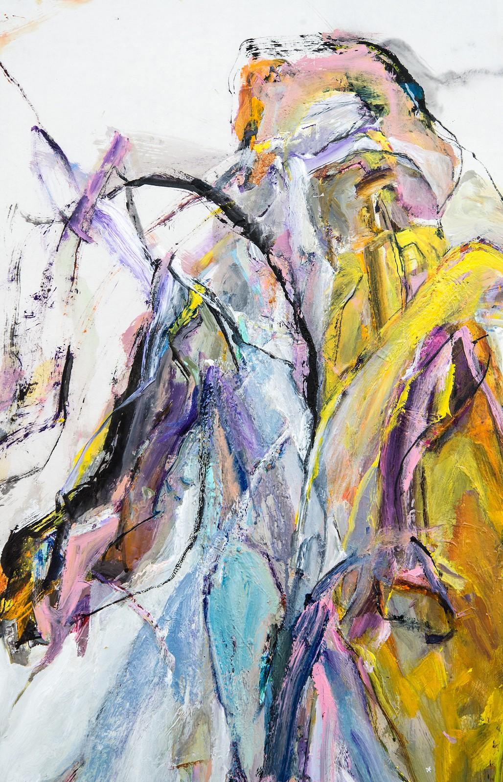 Anthem - yellow, blue, pink, gestural, abstract, acrylic, ink, horses - Beige Abstract Painting by Andrew Lui