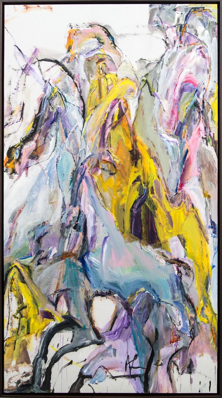 Anthem - yellow, blue, pink, gestural, abstract, acrylic, ink, horses
