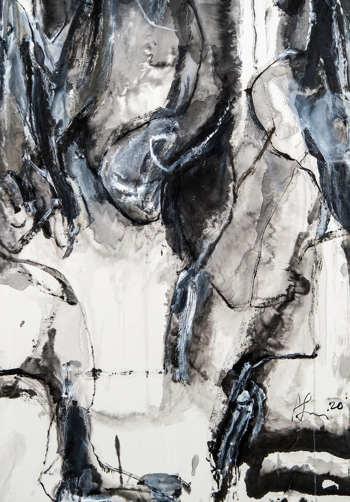 Whiting Timelessness as it is to Time II - noir et blanc, abstrait, acrylique, encre - Gris Abstract Painting par Andrew Lui