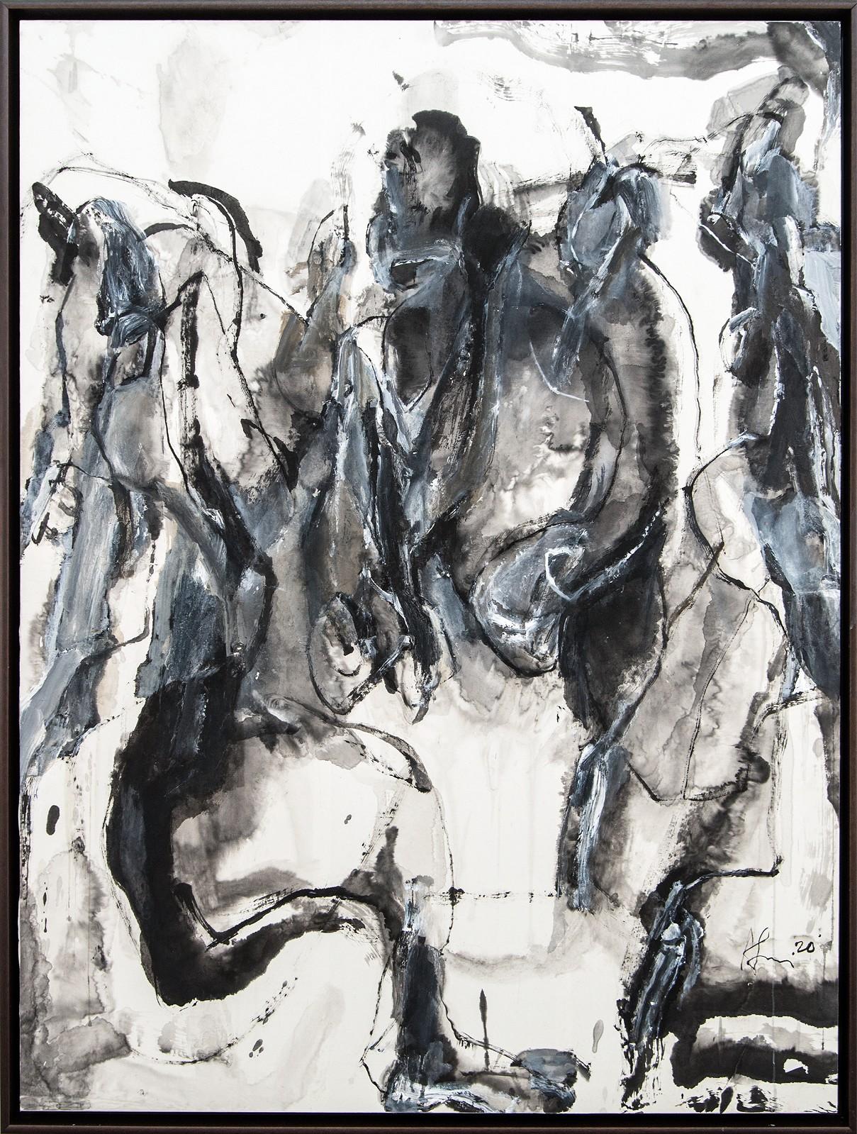 Abstract Painting Andrew Lui - Whiting Timelessness as it is to Time II - noir et blanc, abstrait, acrylique, encre