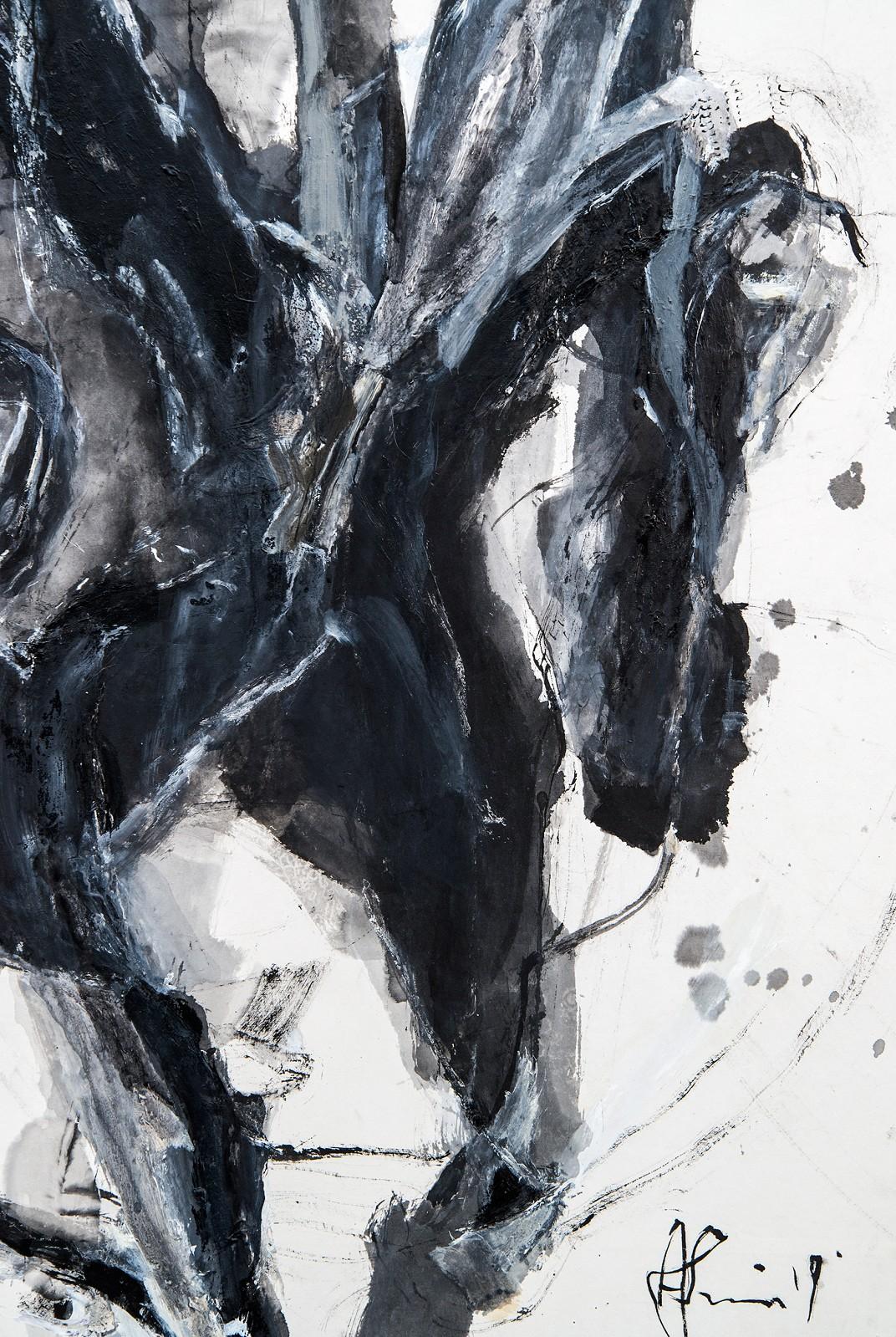 Dynamic black and gray strokes of acrylic paint give the impression of galloping horses in this abstract painting by Andrew Lui. Lui continues to use the expressive and elegant movement of horses and their riders to interpret the human journey.
