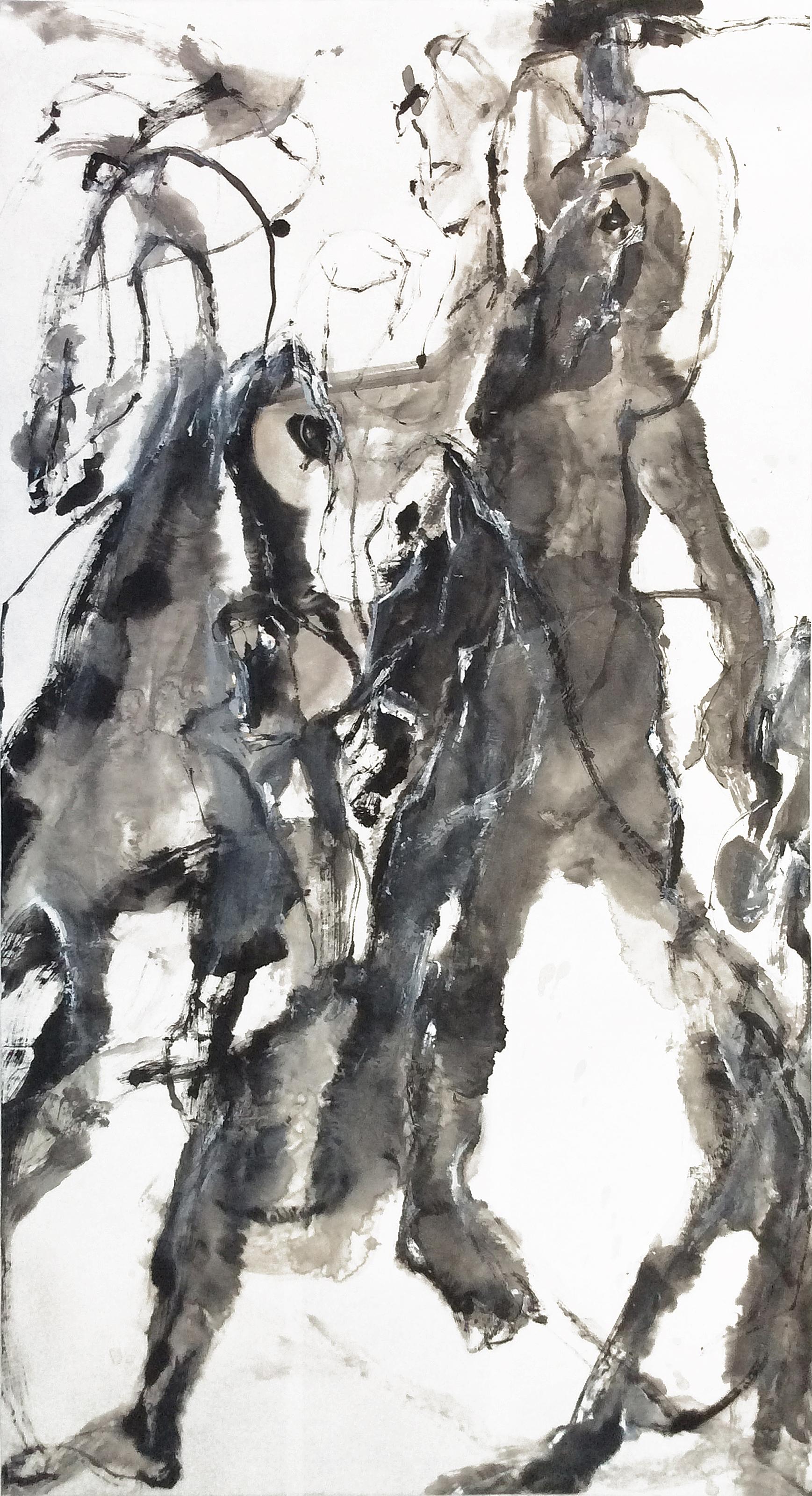 Equinox III - black, white, gray, gestural, abstract, acrylic, ink, mixed media - Painting by Andrew Lui