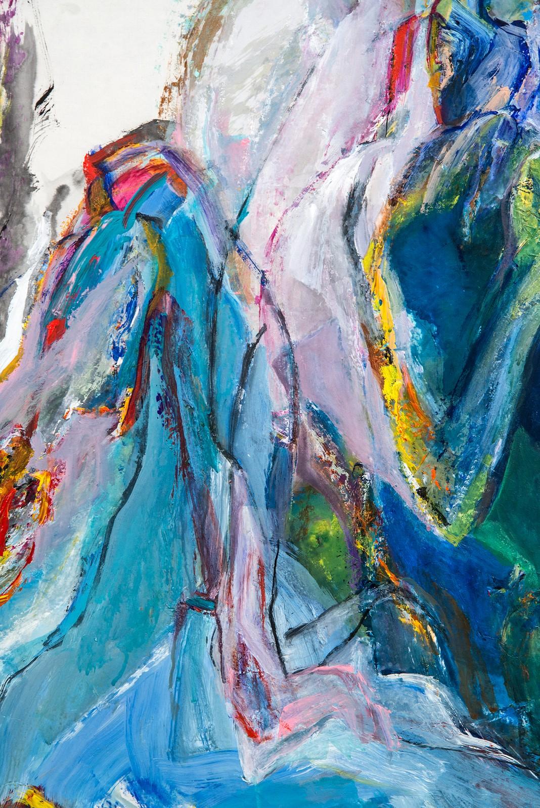 Flight to Egypt IV - rosa, blau, gestisch, abstrakt, Acryl, Tinte, Mischtechnik (Grau), Figurative Painting, von Andrew Lui