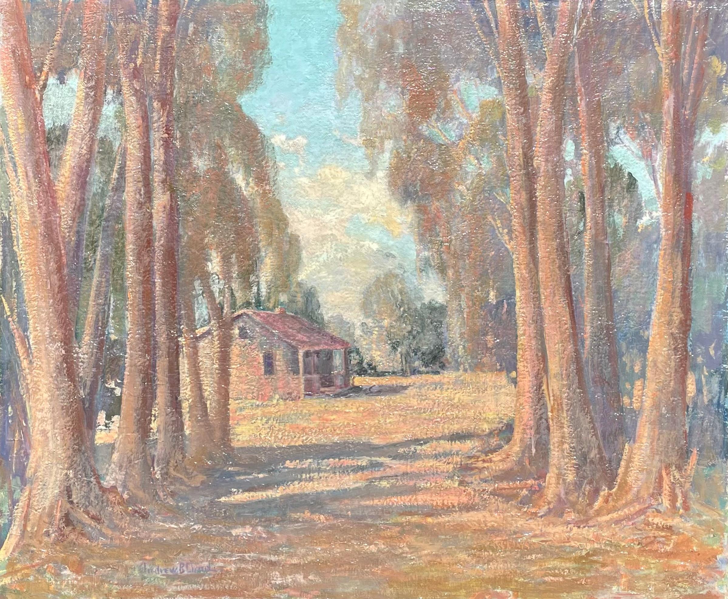 Plein Air Antigua cabaña de Laguna Beach y árboles de eucalipto Paisaje californiano Años 30