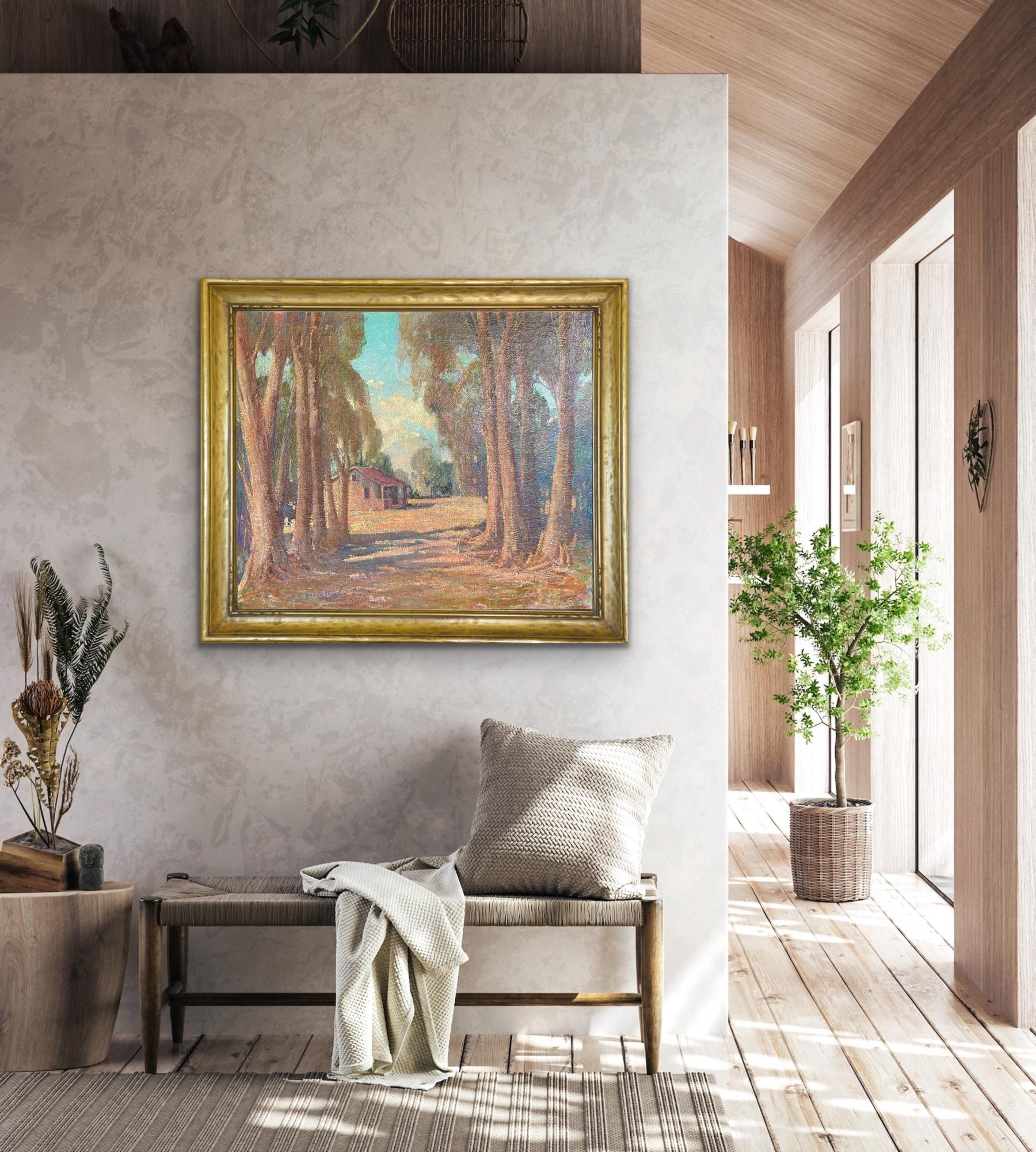 Un precioso cuadro de paisaje plein air de los años 30 de una cabaña entre eucaliptos en Old Laguna Beach, California.

Óleo sobre lienzo
Firmado abajo a la izquierda
Dimensiones: 30 x 36 pulgadas
Dimensiones enmarcado: 38 x 44 pulgadas
