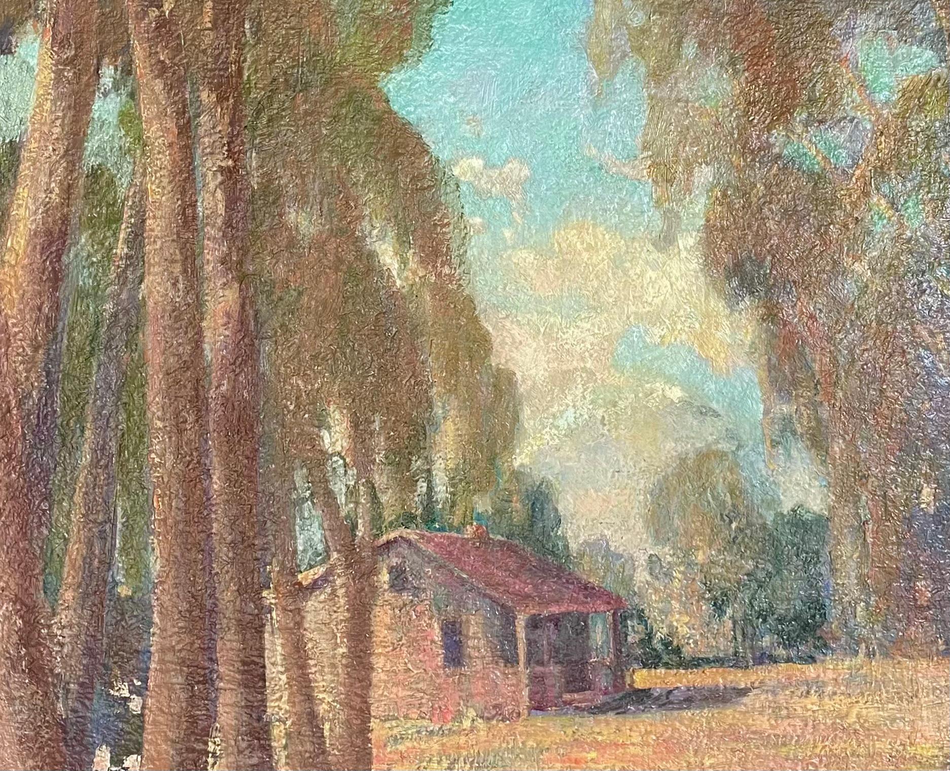 Plein Air Antigua cabaña de Laguna Beach y árboles de eucalipto Paisaje californiano Años 30 en venta 2