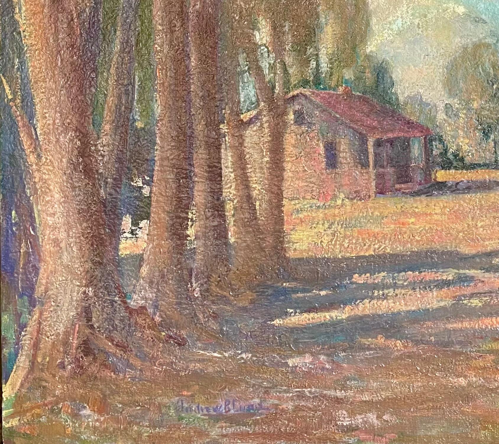 Plein Air Antigua cabaña de Laguna Beach y árboles de eucalipto Paisaje californiano Años 30 en venta 5