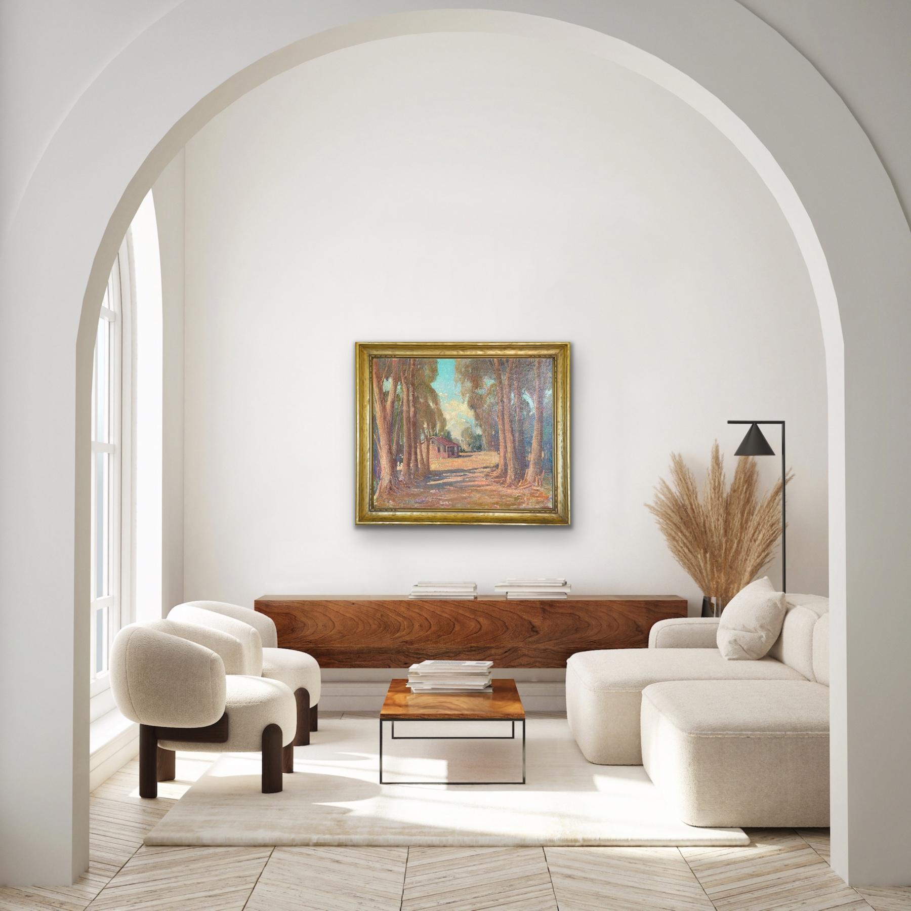 Plein Air Antigua cabaña de Laguna Beach y árboles de eucalipto Paisaje californiano Años 30 en venta 7