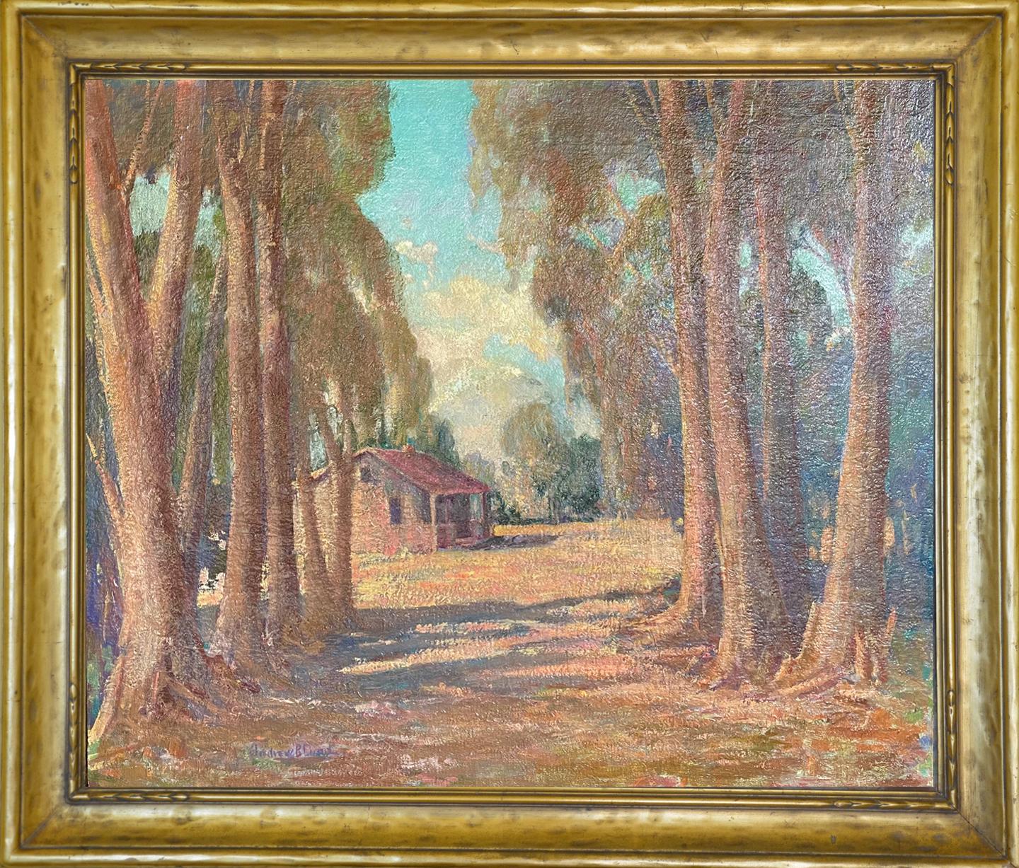 Plein Air Antigua cabaña de Laguna Beach y árboles de eucalipto Paisaje californiano Años 30 - Painting impresionista estadounidense de Andrew Lund