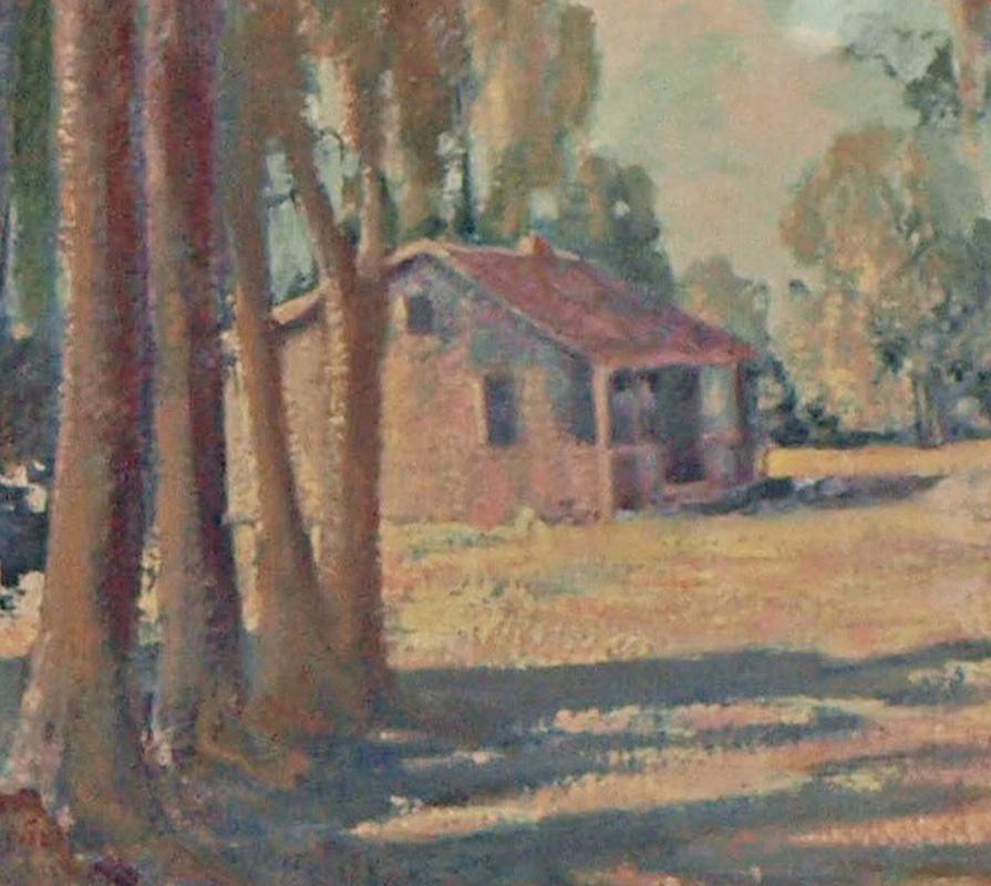 Cabin amongst Eucalyptus Trees, Rancho Santa Fe, San Diego California 1930s o/c - Painting by Andrew Lund