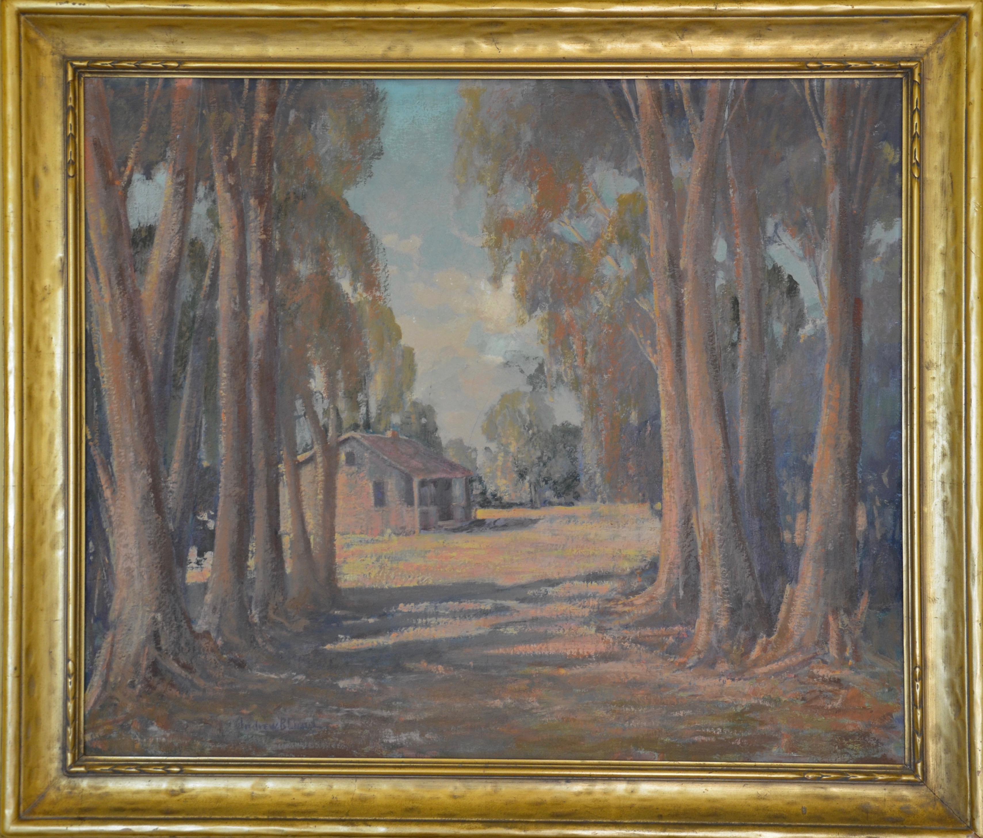 Andrew Lund Landscape Painting - Cabin amongst Eucalyptus Trees, Rancho Santa Fe, San Diego California 1930s o/c