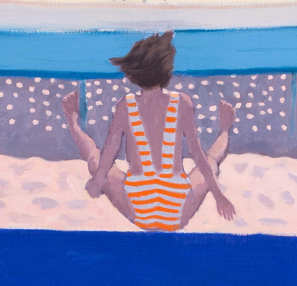 Ein wirklich lustiges und fröhliches großes Ölgemälde von Kindern, die an einem Strand in Royan, an der Westküste Frankreichs, Trampolin springen, vom zeitgenössischen britischen Künstler Andrew Macara.

Andrew Macara (Brite, geb. 1944)
Trampoline,