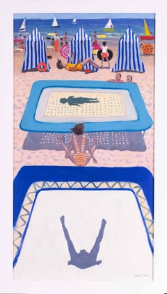 Grande peinture à l'huile britannique du 20e siècle représentant des enfants trampolinant sur une plage de Royan
