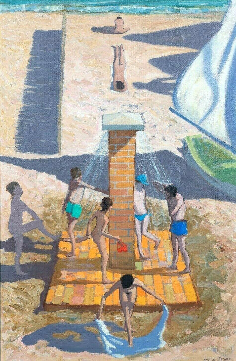 Beach Scene At Nauzan Royan, France, 1993 - Painting by Andrew Macara 