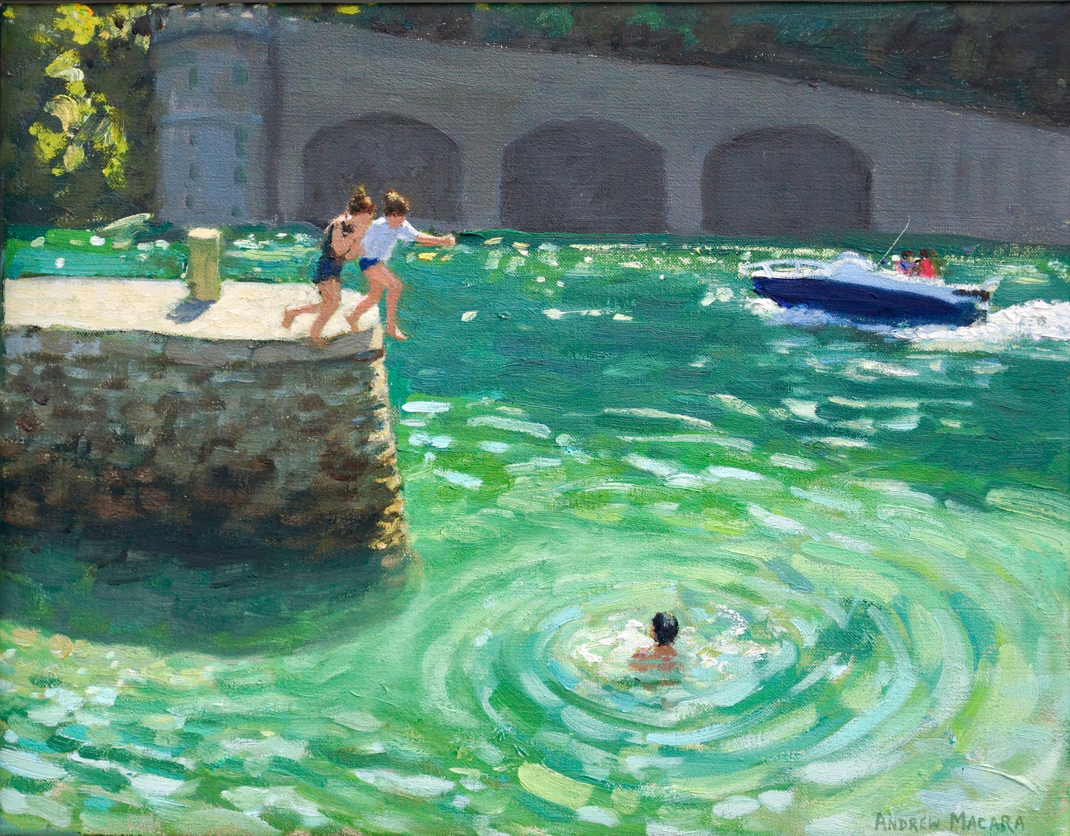 Andrew Macara  Landscape Painting - Jumping off the harbour wall, Looe