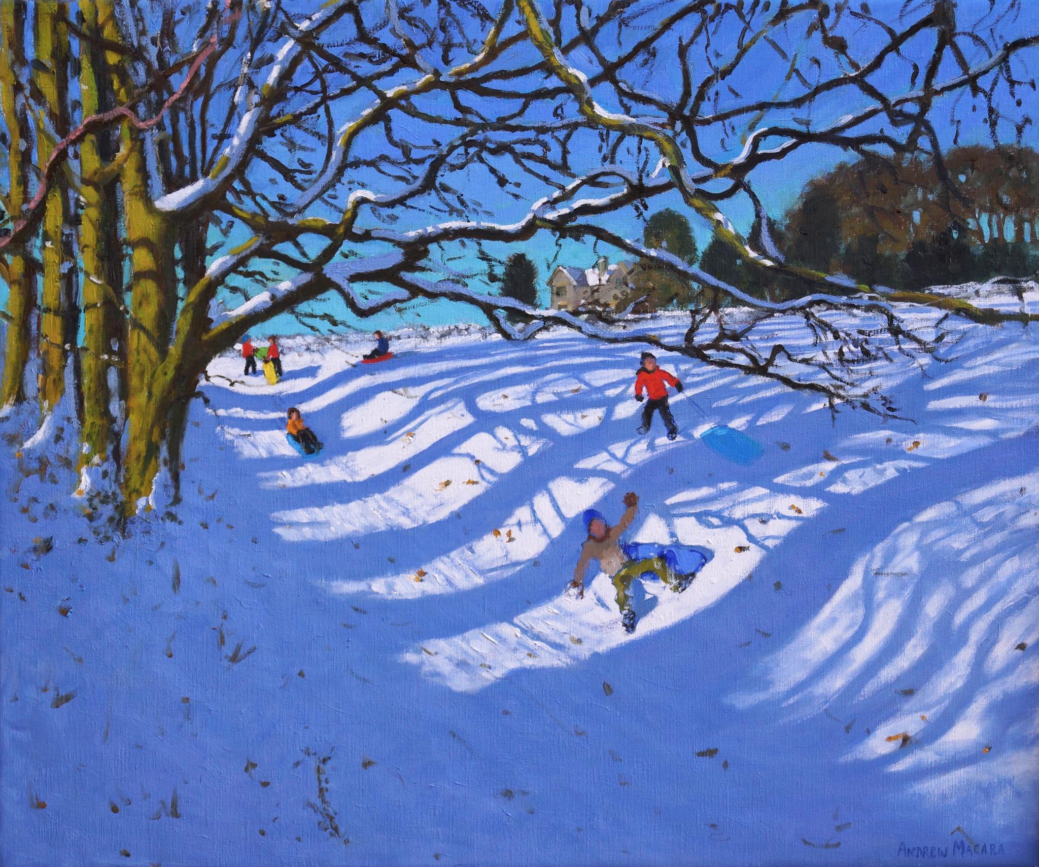 Andrew Macara  Landscape Painting - Sledging down the Gully, Dam Lane, Ashbourne - 21st Century, Contemporary, Oil, 