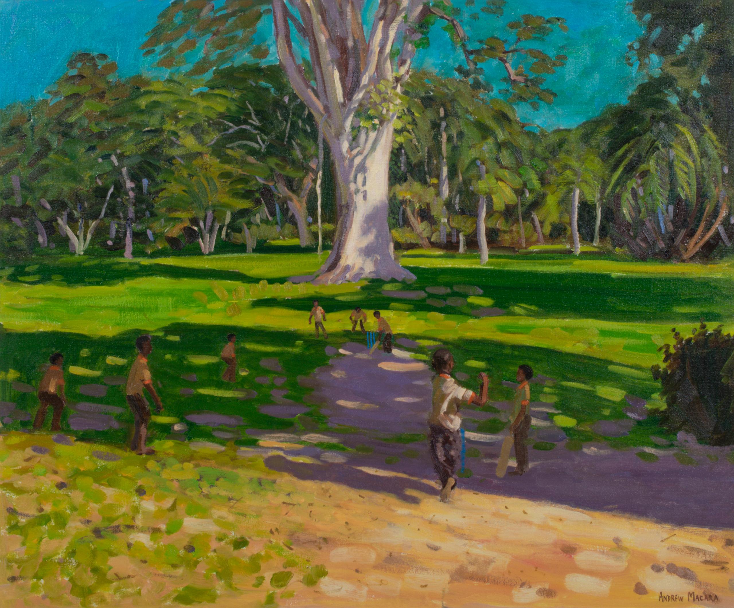The Cricket Match, Botanical Gardens, Dominica, Grenadines, West Indies, 2001 - Gray Landscape Painting by Andrew Macara 