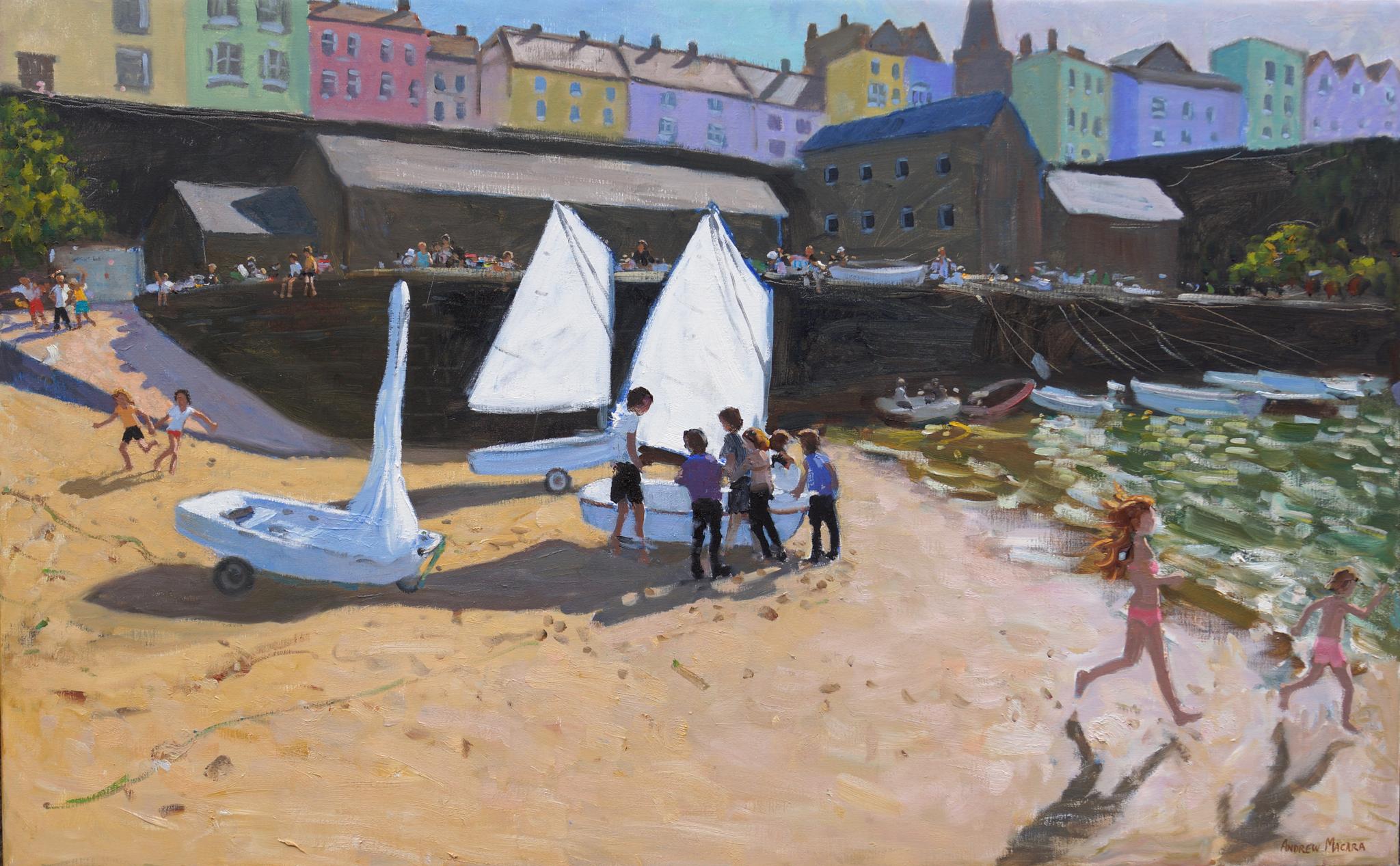 Andrew Macara  Landscape Painting - The Sailing Lesson, Tenby - 21st Century, Contemporary, Oil, landscape