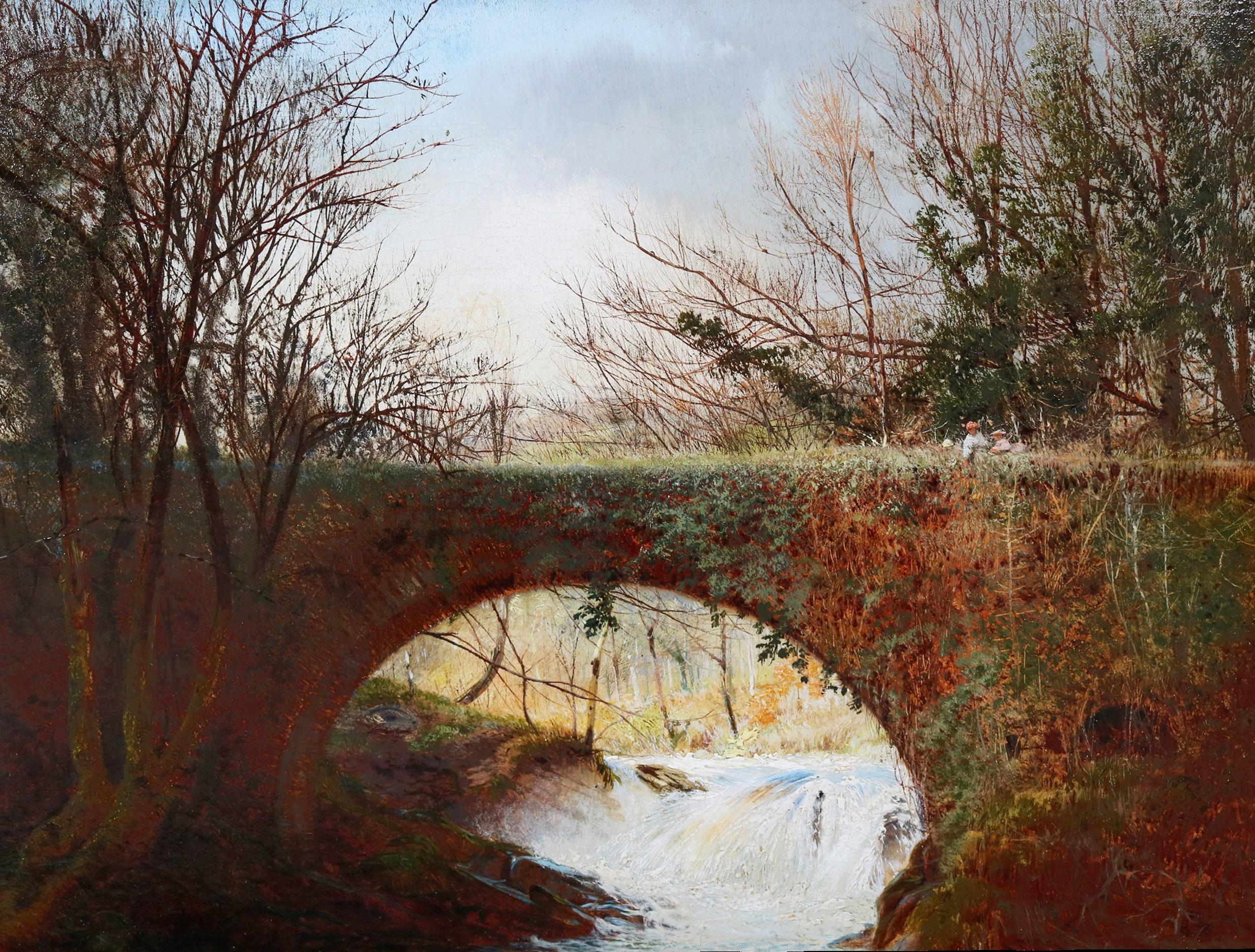 Alte Trent-Brücke, Nottingham - Ölgemälde eines mittelalterlichen Viadukts aus dem 19. (Braun), Figurative Painting, von Andrew MacCallum