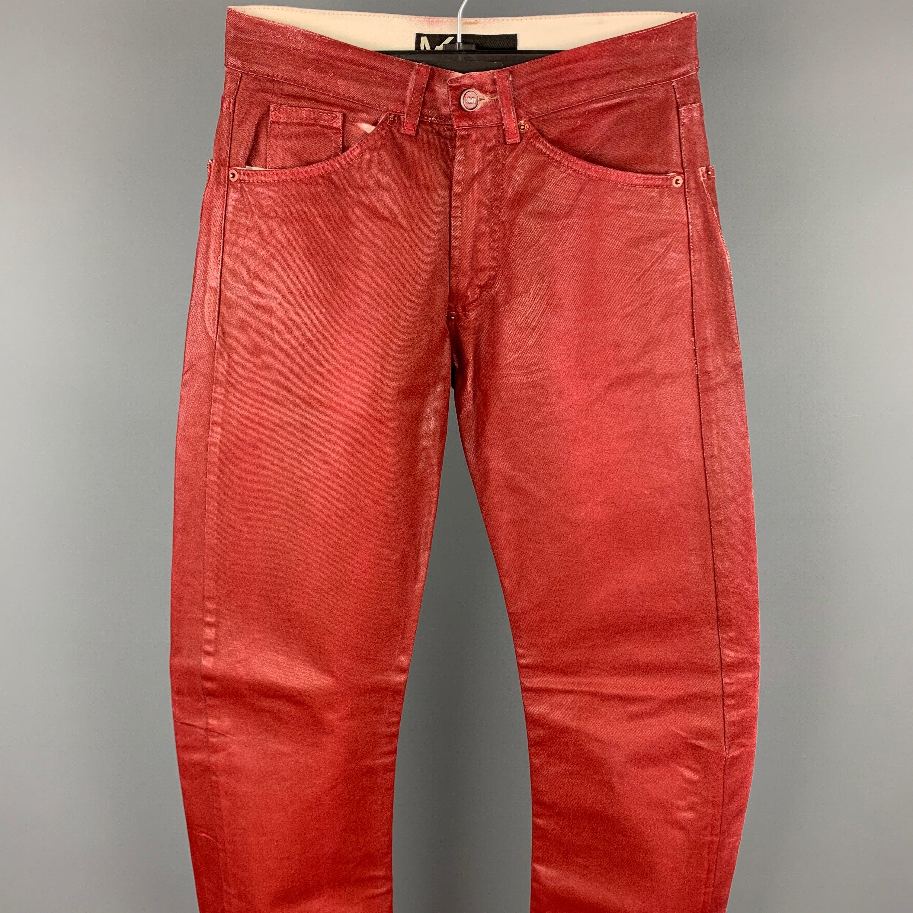 ANDREW MACKENZIE jean comes in a red coated denim featuring a curved leg style and a zip fly. Made in Italy.Very Good Pre-Owned Condition. 
 

 Marked:  IT 44 
 

 Measurements: 
  Waist: 27 inches Rise: 9.5 inches Inseam: 32.5 inches  
  
  
  

