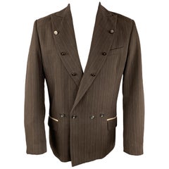 ANDREW MACKENZIE Size 38 Brown Stripe Cotton / Wool Peak Lapel Buttons Trim Coat