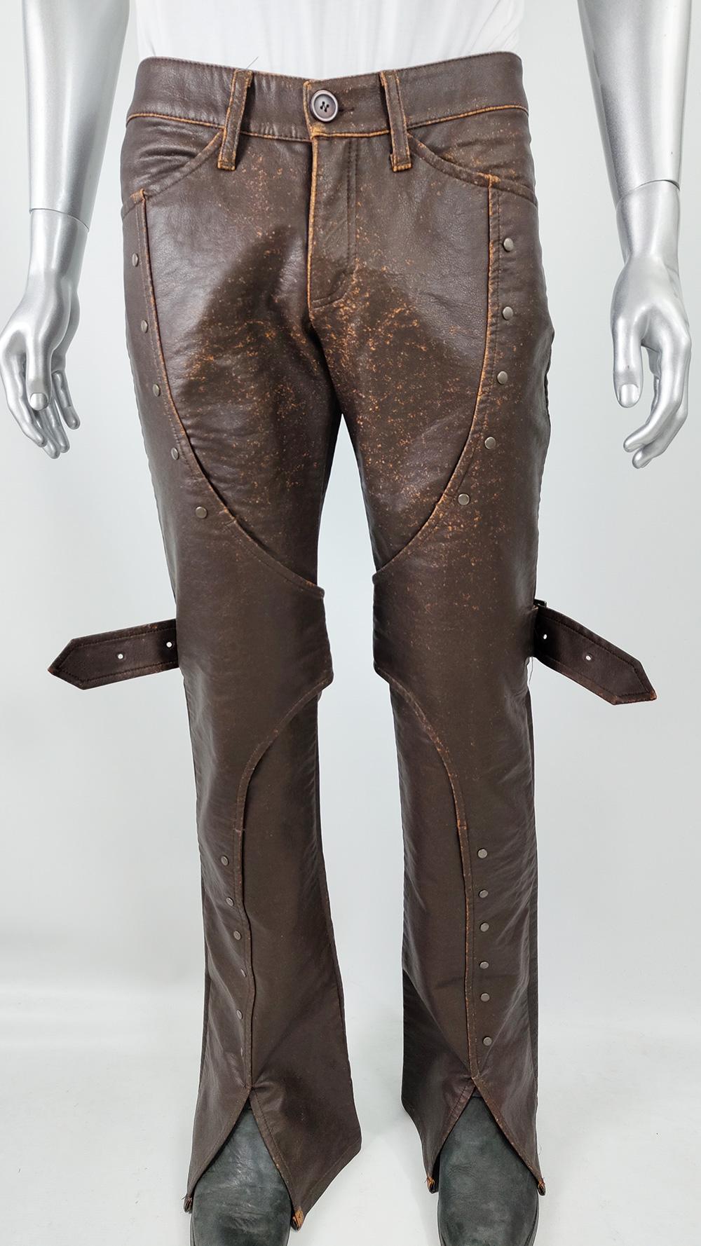 Andrew Mackenzie Vintage Mens Vegan Leather Punk Strap Pants Trousers, 2000s In Excellent Condition For Sale In Doncaster, South Yorkshire