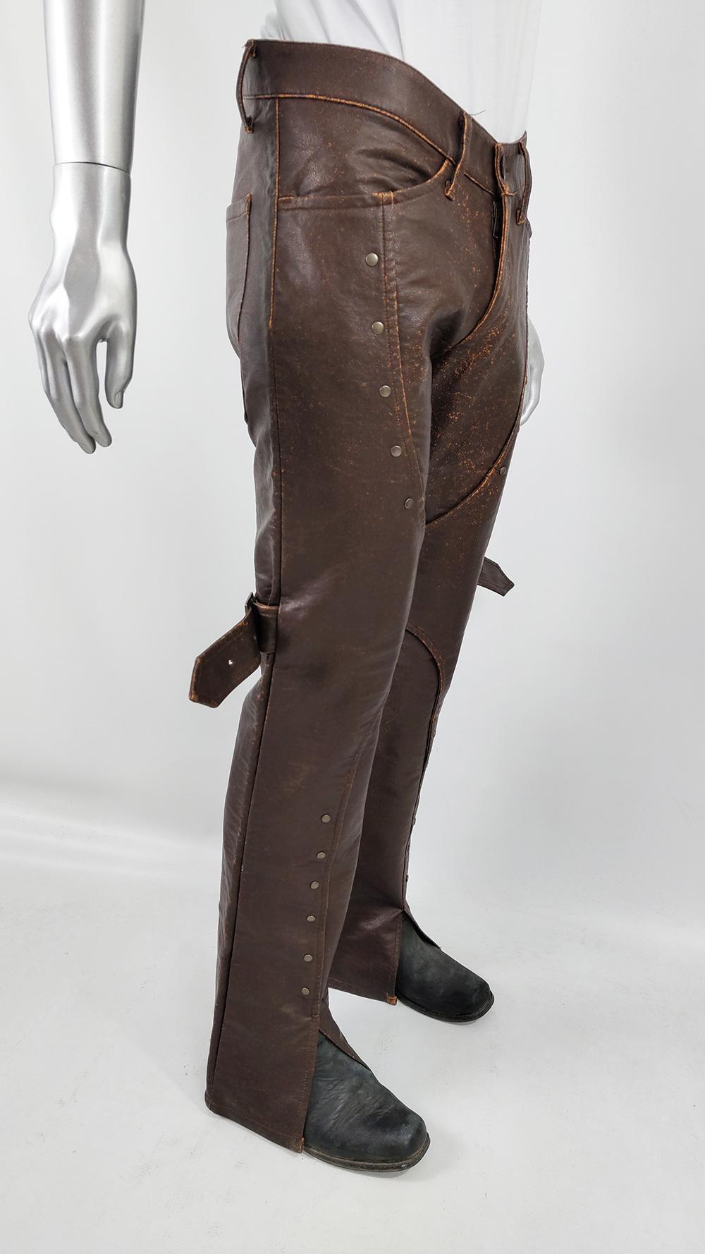 Andrew Mackenzie Vintage Mens Vegan Leather Punk Strap Pants Trousers, 2000s For Sale 2