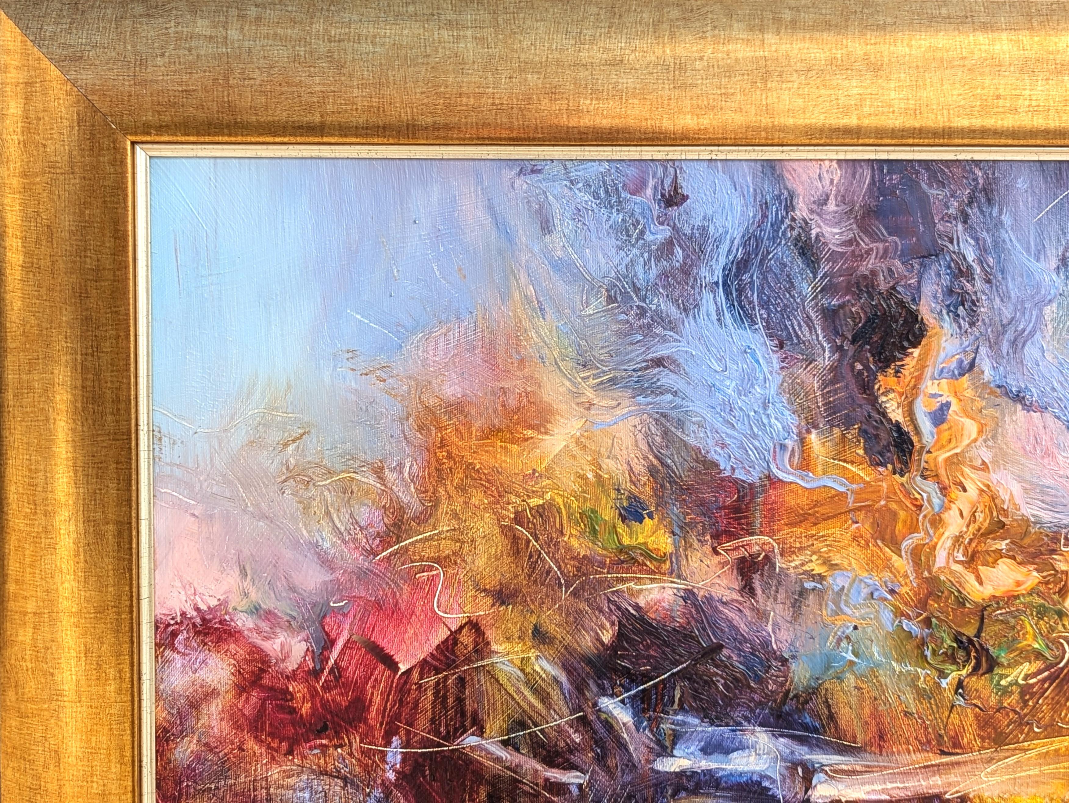 Contemporary colorful painting of a dancing ballerina by Ukrainian artist Andrew Manaylo. The work features an expressive depiction of a ballerina in a moment of passionate dancing in bright blue, pink, and yellow tones. Signed, titled, and dated on