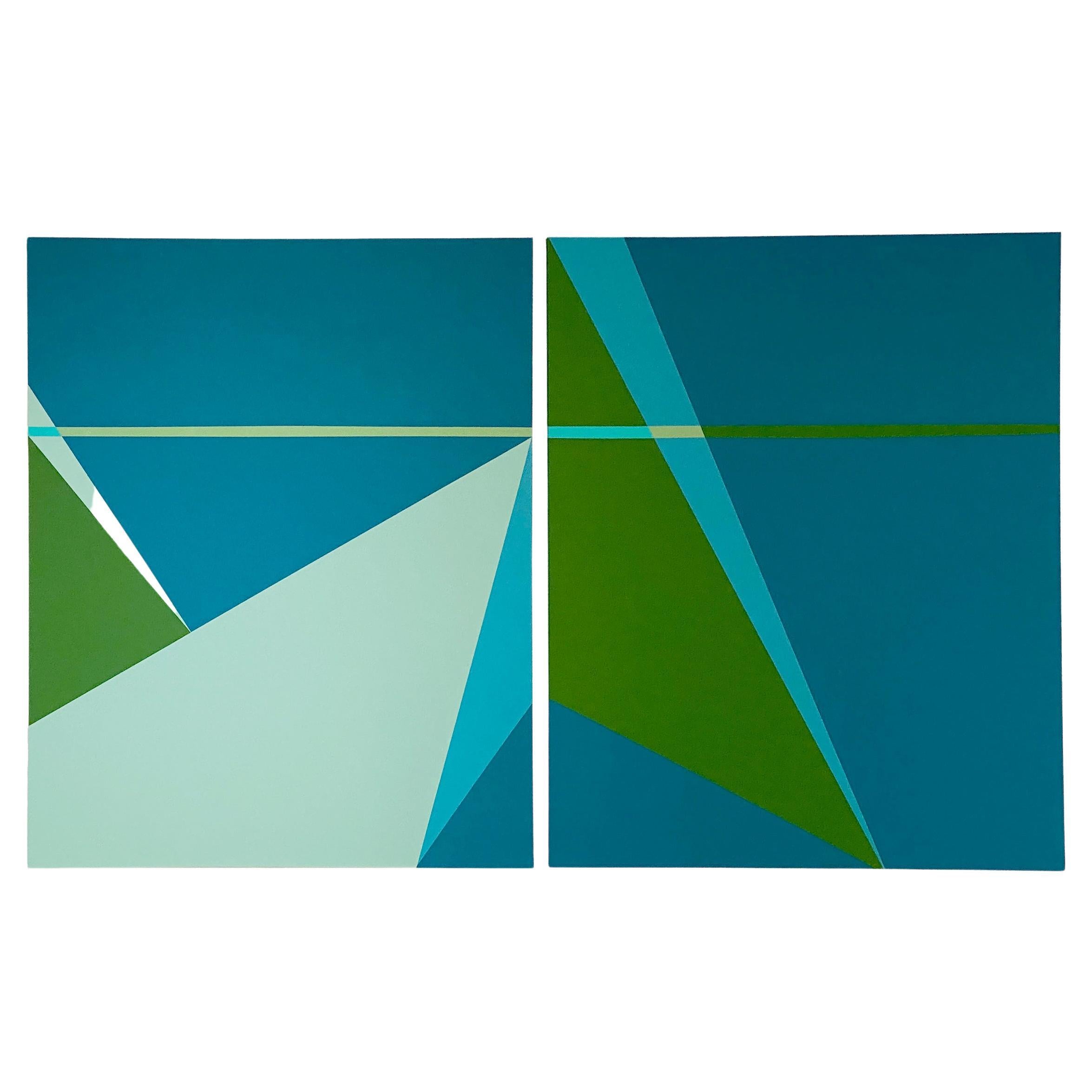 Andrew Mandolene, Teal Time, Diptych, Hard Edge Abstract Modern Painting, 2020