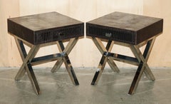 ANDREW MARTIN STYLE PAiR CHROME CROCODILE ALLIGATOR LEATHER PATINA SIDE TABLES