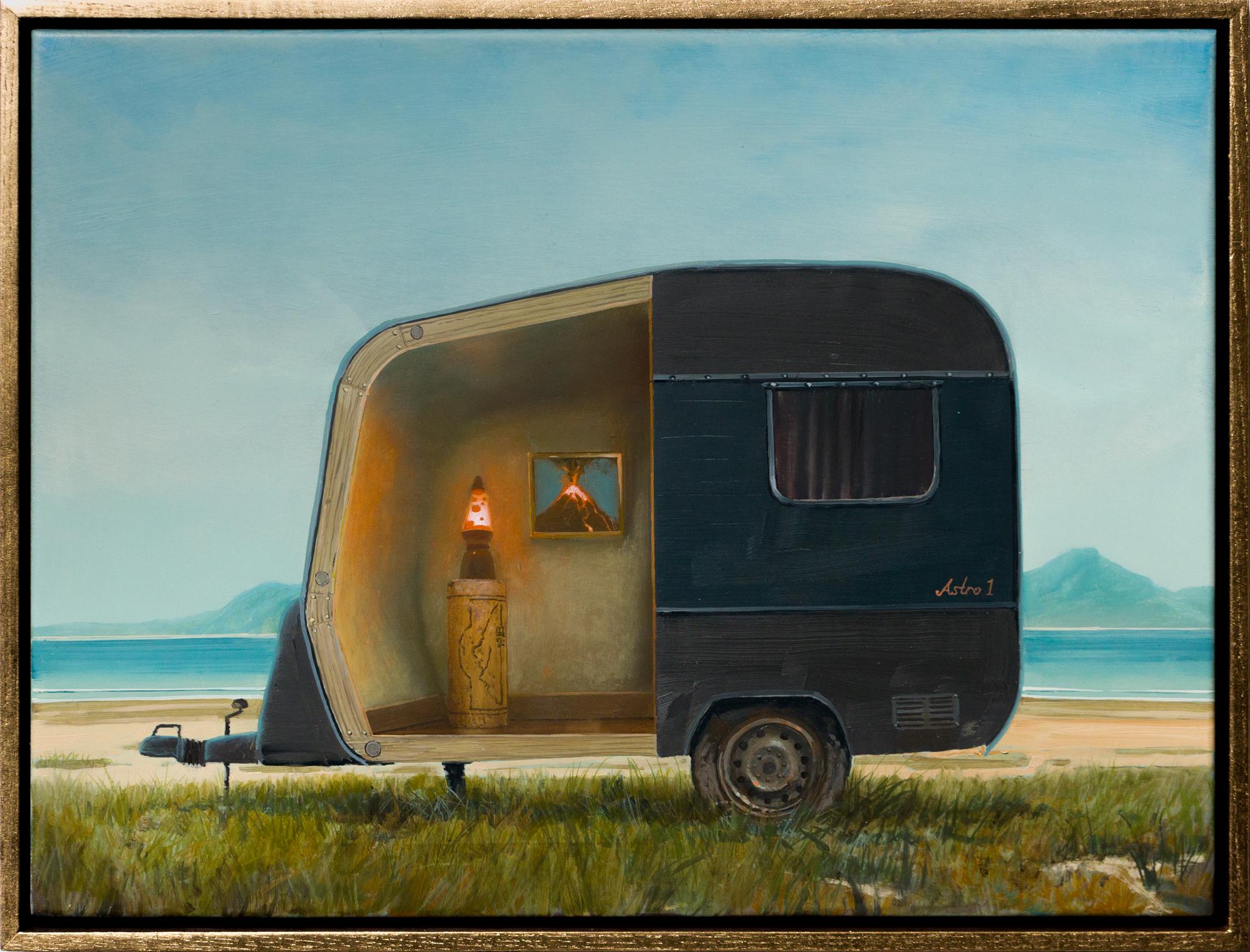 Andrew McIntosh Interior Painting – „Lamia“, Öl auf Gesso-Tafel, Darstellung des Transports, figürliche Landschaft