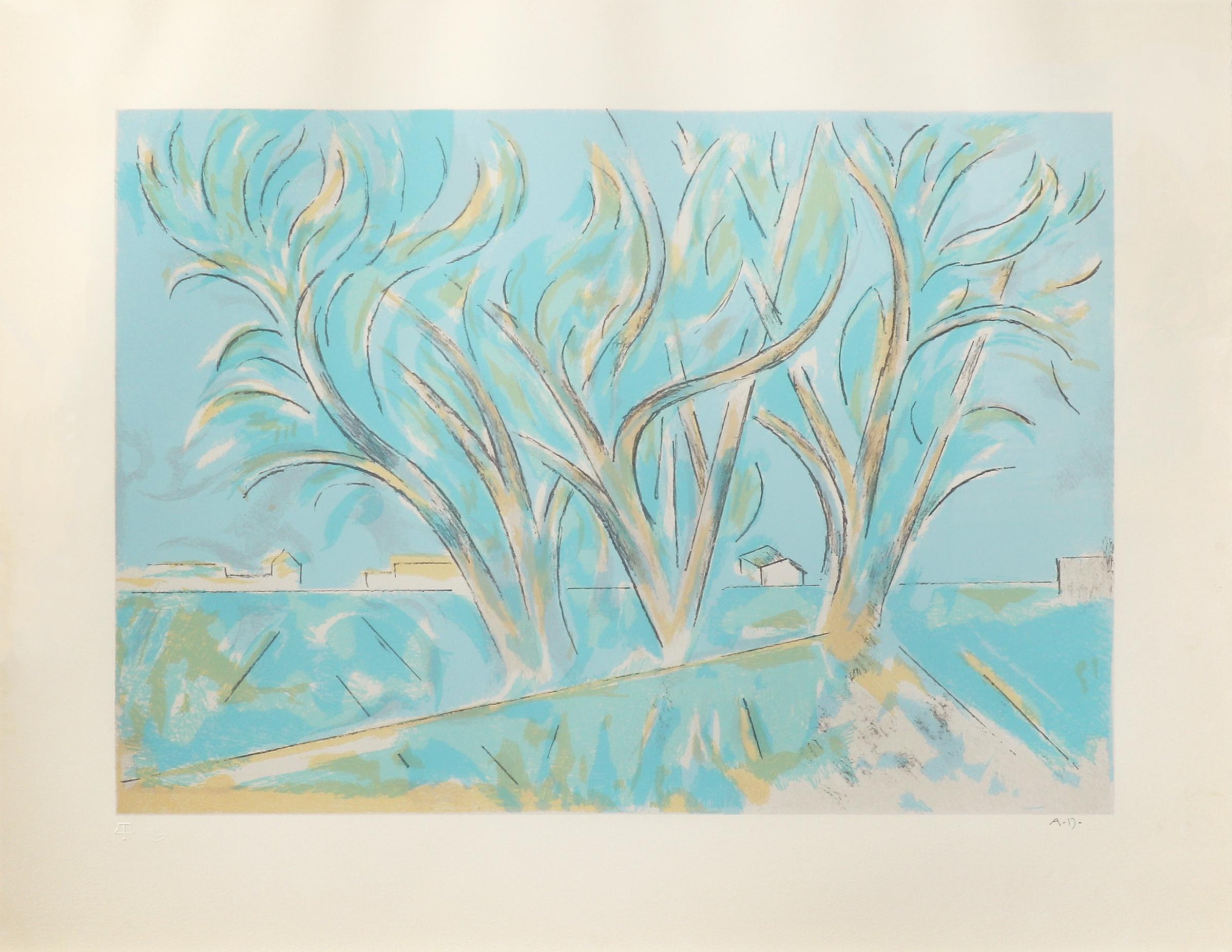 Trees in Ranchitos II, New Mexico, 1970s Color Lithograph Landscape with Trees - Gray Landscape Print by Andrew Michael Dasburg