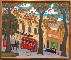 Garrick Theatre Naive London Street Scene Folk Art Oil Painting