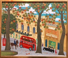 Garrick Theatre Naive London Street Scene Folk Art Oil Painting