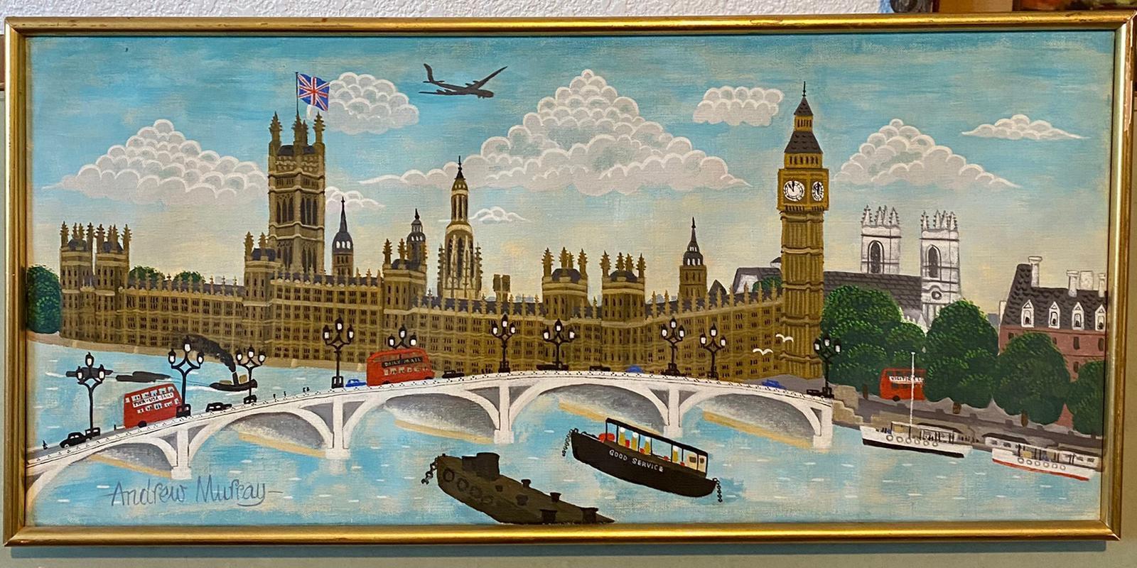 Peinture à l'huile artisanale - Scène naïve de rue de Londres - Big Ben, Parlement, Union Jack  - Painting de Andrew Murray