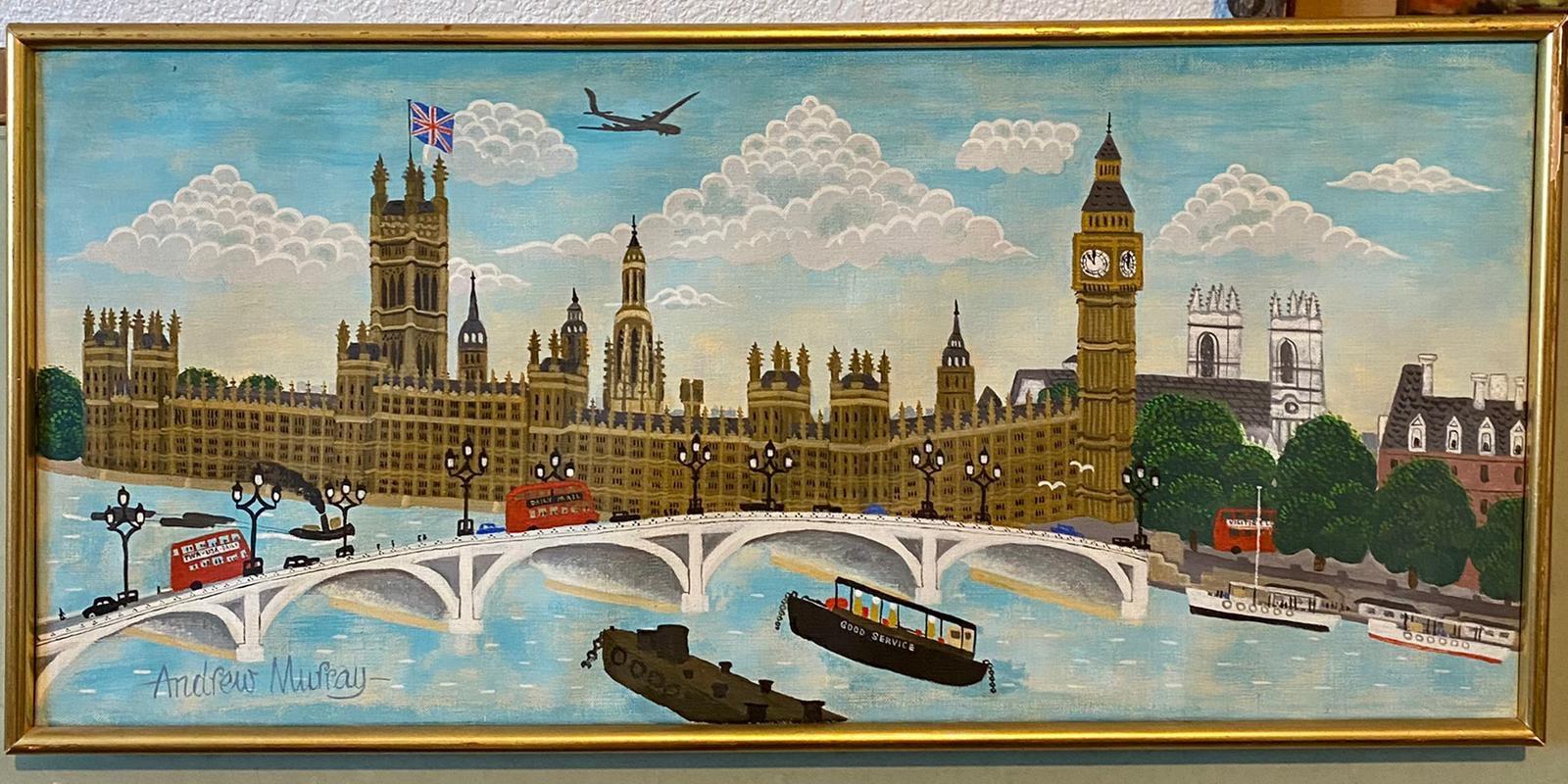 Naive London Street Scene Folk Art Oil Painting Big Ben, Parliament, Union Jack - Gray Landscape Painting by Andrew Murray