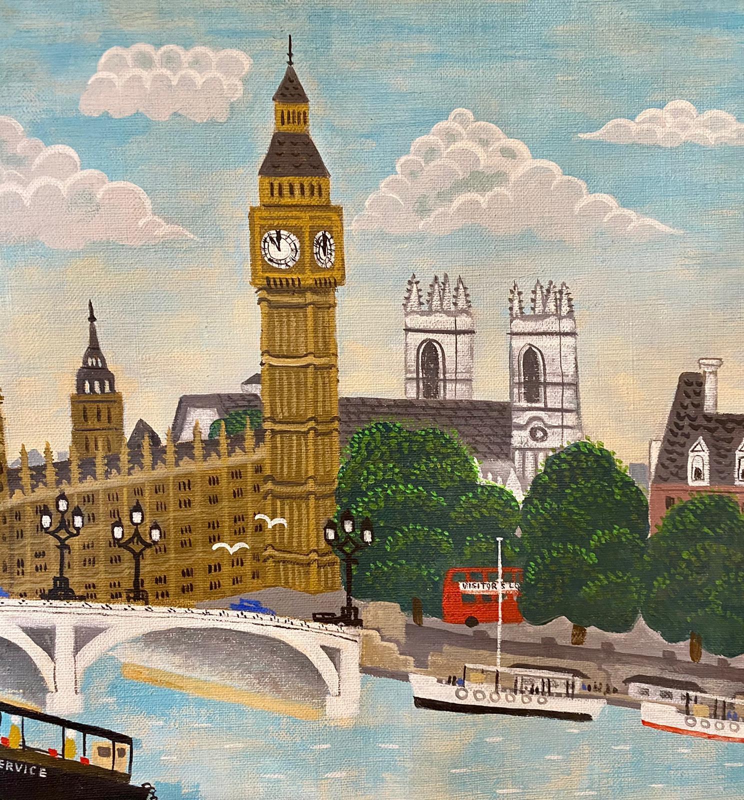 Big Ben, House of Parliament with Union Jack flag, Thames River, boats, barges, airplane and double decker red bus. Classic London street scene.
24 inches by 11 inches in a frame 24.5 inches by 11.5 inches.


ANDREW MURRAY became known and loved as