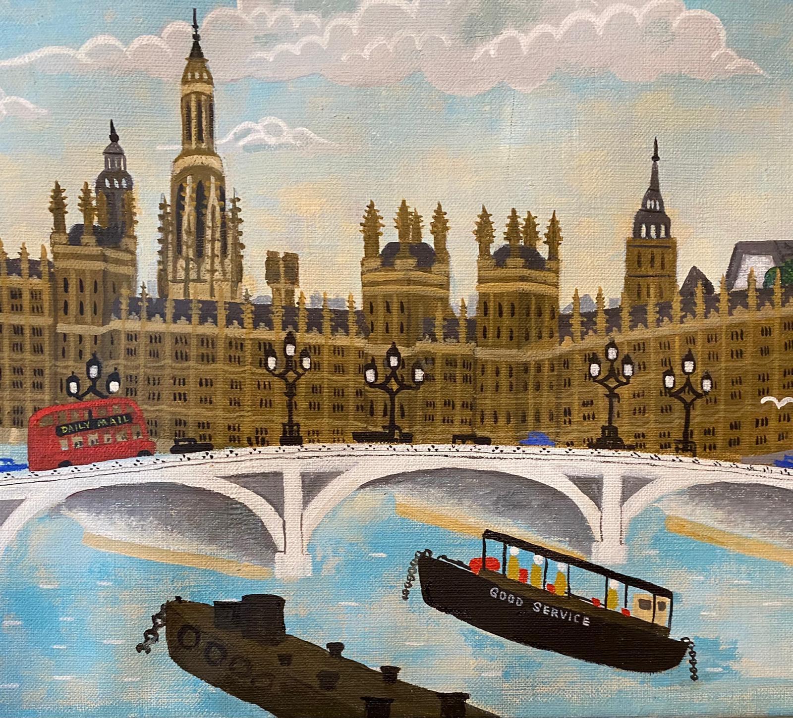 Naive London Street Scene Folk Art Oil Painting Big Ben, Parliament, Union Jack For Sale 1