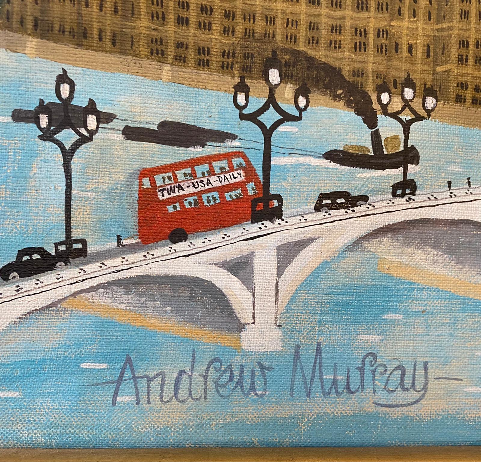 Naive London Street Scene Folk Art Oil Painting Big Ben, Parliament, Union Jack  - Gray Figurative Painting by Andrew Murray