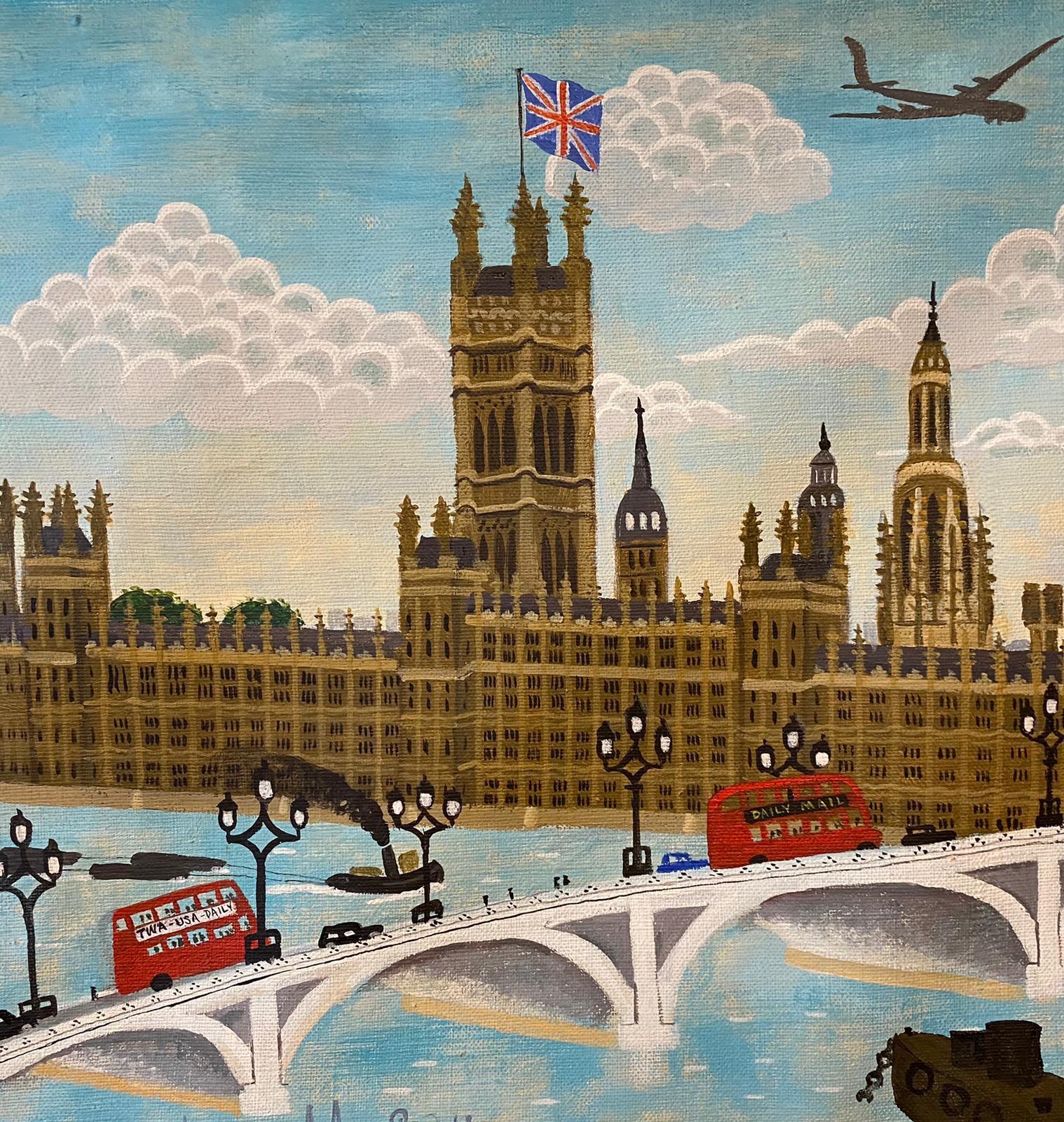 Big Ben, House of Parliament with Union Jack flag, Thames River, boats, barges, airplane and double decker red bus. Classic London street scene.
24 inches by 11 inches in a frame 24.5 inches by 11.5 inches.


ANDREW MURRAY became known and loved as
