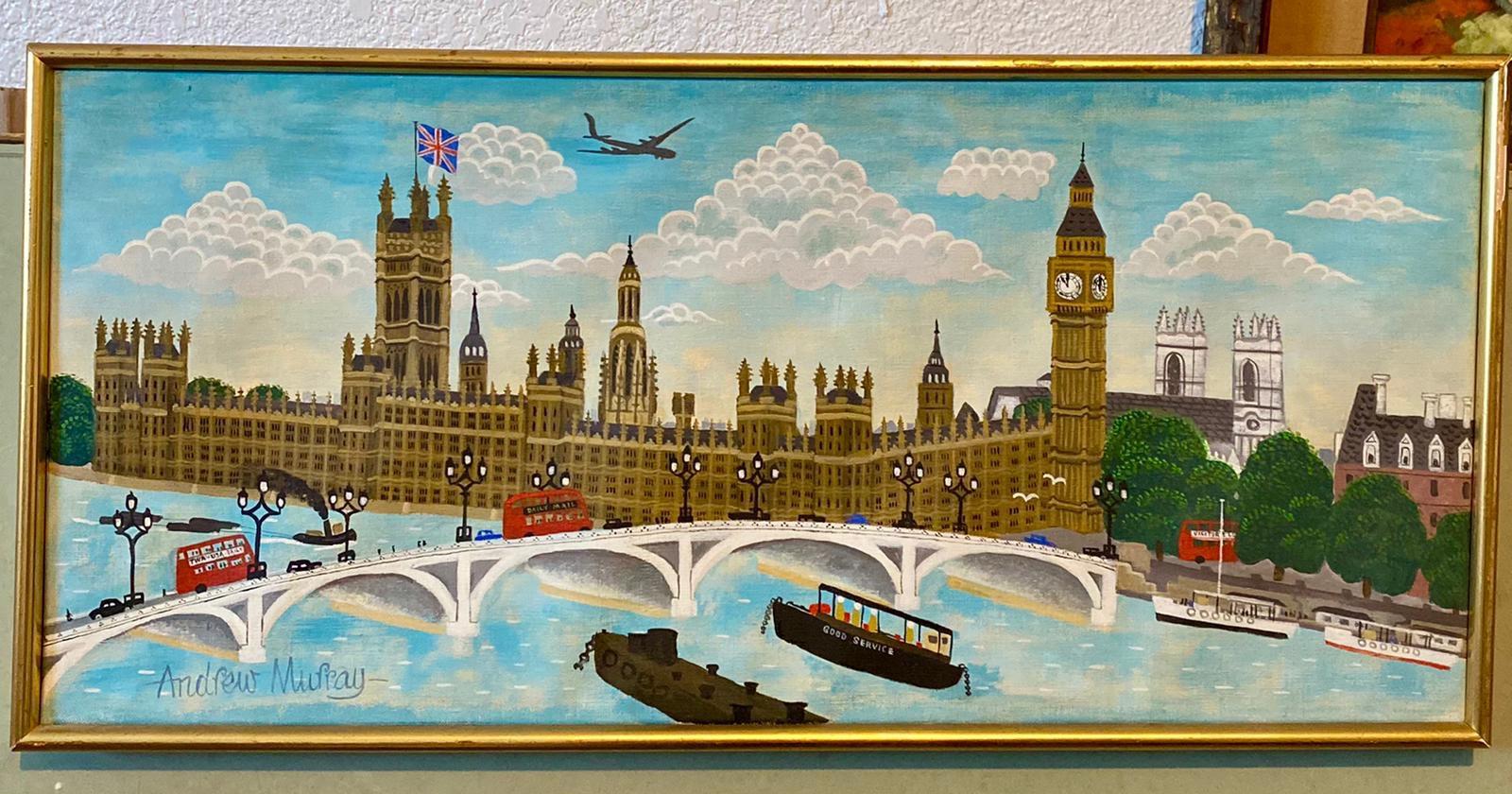 Peinture à l'huile artisanale - Scène naïve de rue de Londres - Big Ben, Parlement, Union Jack  en vente 2